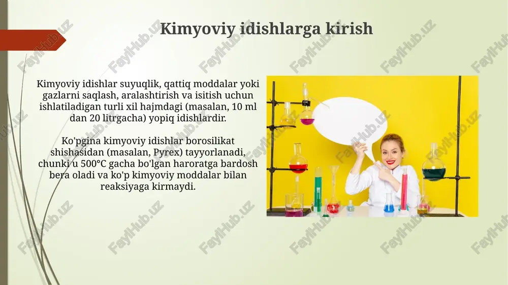 or qalinligi kabi geometrik parametrlarini o'z ichiga oladi, bu esa uning konstruksiyasi va mustahkamligini belgilaydi. bosim va harorat hisoblari bosim hisoblari dizayn bosimini aniqlashni o'z ichiga oladi, odatda normal operatsion bosimdan kamida 10% yoki 0.7 mpa (100 psi) yuqori bo'lishi kerak. harorat hisoblari dizayn haroratini aniqlashni o'z ichiga oladi, bu normal operatsion haroratdan kamida 15 °c (27 °f) yuqori bo'lishi kerak, material tanlash uchun juda muhimdir. xavfsizlik choralari kimyoviy idishlar bilan ishlashda shaxsiy himoya vositalari, masalan, himoya ko'zoynaklari va kimyoviy moddalarga chidamli qo'lqoplar har doim kiyilishi kerak, shuningdek, kamida 1.5 metr masofa saqlanishi lozim. idishlarda bosimni tekshirish uchun bosim o'lchagichlaridan muntazam foydalanish kerak. maksimal ish bosimi (misb) oshib ketishiga yo'l qo'ymaslik muhim, aks holda portlash xavfi ortadi. idishlarni tekshirish idishlarni tekshirish 0,05 mpa dan ortiq bosim ostida ishlaydigan va 100 °c dan yuqori haroratga ega bo'lgan barcha uskunalarni o'z ichiga oladi. vizual tekshiruv va o'lchash usullari payvand choklarida yoriqlar, korroziya …