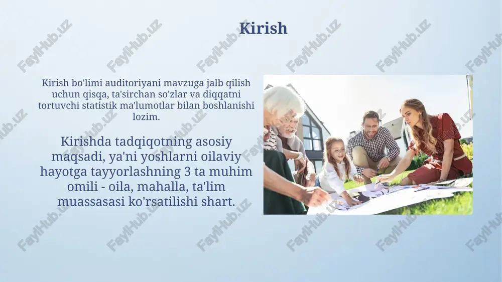 a qurish uchun zarur bo'lgan bilim va ko'nikmalarni beradi. reproduktiv salomatlik ta'limi o'z ichiga kontratseptsiya usullari haqida ma'lumotlarni qamrab oladi, rejalashtirilmagan homiladorlikning oldini olish va jinsiy yo'l bilan yuqadigan infektsiyalardan himoya qilish uchun muhimdir. moliyaviy savodxonlik moliyaviy savodxonlik yoshlarga byudjetni rejalashtirishni o'rgatadi, shu jumladan 50/30/20 qoidasi kabi usullar orqali, ehtiyojlar, xohishlar va jamg'armalar o'rtasida mablag'larni ajratishni ta'minlaydi. moliyaviy savodxonlik kredit kartalaridan oqilona foydalanishni tushuntiradi, jumladan foiz stavkalari (apr), kechikish to'lovlari va kredit reytingiga ta'siri kabi muhim jihatlarni anglashni o'z ichiga oladi. ota-onalarni qo'llab-quvvatlash dasturlari ota-onalarni qo'llab-quvvatlash dasturlari farzand tarbiyasida ko'nikmalarni oshirishga qaratilgan; masalan, "ota-ona maktabi" treninglari orqali ijobiy munosabatlar o'rgatiladi. ushbu dasturlar erta rivojlanish markazlari bilan hamkorlik qilib, 0-5 yoshli bolalar uchun uy sharoitida rivojlantiruvchi o'yinlar va mashg'ulotlar bo'yicha maslahatlar beradi. mahalliy tashabbuslar mahalliy tashabbuslar oilalarni mustahkamlash uchun o'quv dasturlari, sport tadbirlari va erta nikohning oldini olish bo'yicha seminarlar tashkil etishi mumkin, bu 5-10% ga kamayishga olib kelishi mumkin. mahalliy …