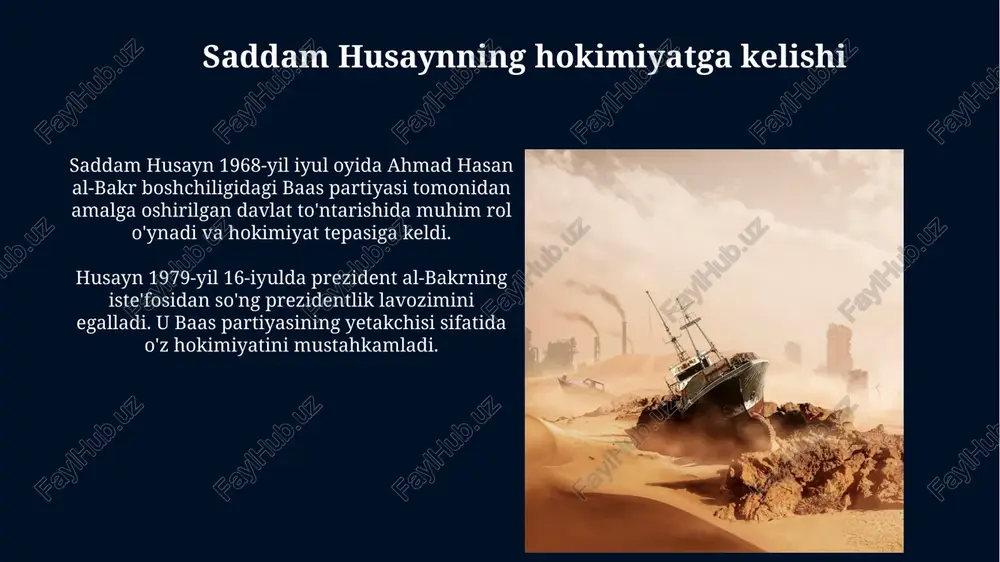 rivojlantirish, jumladan, avtomobil yoʻllari, aeroportlar va shaharsozlik loyihalariga katta eʼtibor qaratildi, biroq sifat nazorati past edi. saddam husaynning shaxsiy hayoti va shaxsga sig'inish saddam husayn o'zining shaxsiga sig'inishni targ'ib qilish uchun televideniye, radio va gazetalar kabi ommaviy axborot vositalaridan keng foydalangan, uni davlat otasi sifatida tasvirlagan. saddam husayn o'zining hayoti davomida ko'plab saroylar va hashamatli uylar qurdirgan, ularning aksariyati iroqning turli burchaklarida joylashgan bo'lib, uning hokimiyatini namoyish etgan. iroqning qurollanishi 1980-yillarda iroq eron-iroq urushi davrida fransiya va sovet ittifoqidan katta miqdordagi harbiy texnika, jumladan tanklar va samolyotlar sotib oldi. saddam husaynning hukmronligi davrida iroq kimyoviy va biologik qurollarni ishlab chiqish dasturini olib bordi, bu esa 1988-yilda halabja qirg'iniga olib keldi, unda 5000 ga yaqin kurd halok bo'ldi. ommaviy qirg'in qurollari dasturi saddam husayn rejimi 1970-yillardan boshlab yadroviy, biologik va kimyoviy qurollar dasturini yaratdi, bu ommaviy qirg'in qurollarini ishlab chiqishga qaratilgan edi. 1980-yillarda eron-iroq urushi paytida iroq qo'shinlari eron askarlariga qarshi …