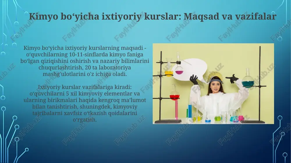 a rejalashtirish mavzularni tanlashda o'quvchilarning qiziqishlari va kelajakdagi kasbiy maqsadlari hisobga olinishi kerak, masalan, 70% talabalar tibbiyotga qiziqsa, biokimyo kurslari taklif etiladi. rejalashtirishda har bir mavzu uchun 15-20 soat ajratilishi, nazariy, amaliy va mustaqil ta'lim uchun vaqt taqsimlanishi, baholash mezonlari (testlar, loyihalar) aniq belgilanishi shart. resurslar va materiallar kimyo fakultativ kurslari uchun maqsadli materiallar orasida interaktiv 3d modellaridan foydalanish, molekulalarni vizualizatsiya qilish va tushunishni yaxshilash muhim ahamiyatga ega. talabalarning ilmiy qiziqishini oshirish uchun 100 ga yaqin ilmiy maqolalar va ommabop kitoblarni o'z ichiga olgan elektron kutubxona resurs sifatida xizmat qiladi. muammolar va yechimlar "muammolar va yechimlar" 20 dan ortiq yechim strategiyalarini o'z ichiga oladi, ular muammoni aniqlashdan tortib, baholash mezonlarini o'rnatishgacha bo'lgan bosqichlarni qamrab oladi. ushbu uslubiyotda "5 nima uchun?" texnikasi qo'llaniladi, bu muammoning asosiy sababini aniqlash uchun savollarni qayta-qayta berishni talab etadi, bu jarayon 3-5 marta takrorlanadi. e'tiboringiz uchun rahmat image3.png image4.jpg image5.jpg image6.jpg image7.jpg image8.jpg image9.jpg image10.jpg image11.jpg …