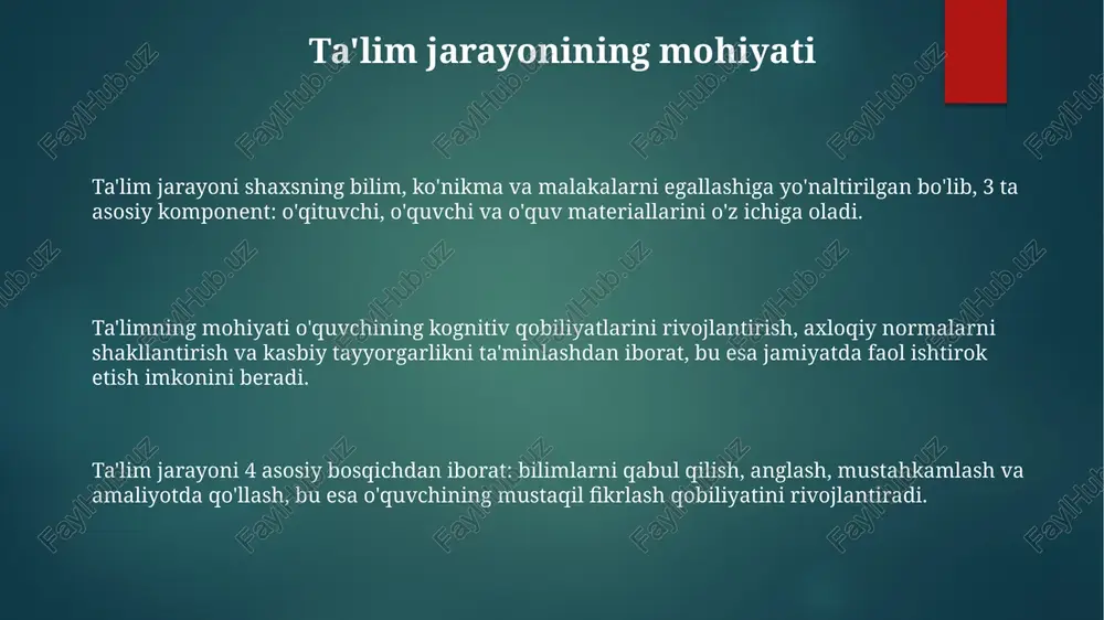 nikmalarini rivojlantirish orqali real hayotda qo'llaniladigan bilimlar bilan bog'liq. ilmiylik va tizimlilik kabi tamoyillar o'zaro bog'langan, chunki 3-fan asoslangan ma'lumotlarni 4-tizimli ravishda taqdim etish bilimlarni chuqur o'zlashtirishga yordam beradi. onglilik va faollik tamoyillari 5-integratsiyalashgan holda o'quvchilarning 6-faol ishtirokini rag'batlantiradi va 7-ongli ravishda bilim olishga yo'naltiradi, bu esa o'zaro bog'liqlikni aks ettiradi. ta'lim metodlari va usullari muammoli ta’lim metodlari, 7 bosqichdan iborat jarayon boʻlib, talabalarga real vaziyatlarni tahlil qilish va 10 dan ortiq yechim variantlarini topishga yordam beradi. ta’lim metodlari interaktiv usullarni o'z ichiga oladi, masalan, kichik guruhlarda ishlash, bunda 3-5 talaba birga muammolarni hal qiladi va o'zaro fikr almashadi. kognitiv ta’lim usullari, xotira, diqqat va fikrlashni rivojlantirishga qaratilgan. 5-sinf o'quvchilariga vizualizatsiya va mnemonika kabi 4 ta asosiy texnikani o'rgatish mumkin. ta'lim vositalari ta'lim vositalari 1)ko'rgazmali qurollar, 2)texnik vositalar, 3)darsliklar, qo'llanmalar, 4)didaktik materiallar, 5)laboratoriya uskunalaridan iborat bo'lib, ta'lim samaradorligini oshirishga yordam beradi. zamonaviy ta'lim vositalari interaktiv doskalar, kompyuterlar, proyektorlar va 3d …