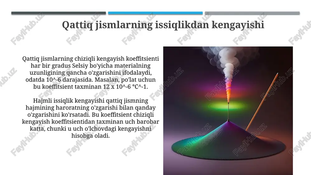 qlikdan kengayishning o'lchovlari chiziqli kengayish koeffitsienti, α, materialning har bir daraja selsiy (yoki kelvin)ga harorat o'zgarishida uzunligining qancha qismini o'zgartirishini o'lchaydi va odatda kichik qiymatga ega. hajmiy kengayish koeffitsienti, β, bir xil harorat o'zgarishida materialning hajmining qancha qismini o'zgartirishini o'lchaydi va ko'pincha chiziqli kengayish koeffitsientidan uch barobar kattaroqdir (β ≈ 3α). issiqlikdan kengayishning amaliy ahamiyati temir yo'llar qurilishida relslar orasida 6-8 mm gacha bo'shliq qoldiriladi, chunki yozda issiqlik ta'sirida relslar uzunligi ortadi va bu bo'shliq ularning deformatsiyasini oldini oladi. ko'priklar va binolar konstruksiyasida issiqlikdan kengayish hisobga olinadi, masalan, ko'prikning har bir qismi orasida 2-5 sm gacha masofa bo'lishi mumkin, bu ularning mustahkamligini ta'minlaydi. issiqlikdan kengayishning muhandislikdagi o'rni temir yo'llarni loyihalashda issiqlikdan kengayishni hisobga olish muhim, aks holda yozgi haroratda 50 darajagacha bo'lgan o'zgarishlar relslarning egilishiga olib kelishi mumkin. ko'prik qurilishida betonning termik kengayish koeffitsienti po'latnikiga moslashtiriladi, aks holda 120 metrlik ko'prikda 2 sm gacha deformatsiya xavfi paydo bo'ladi. xulosa qattiq …