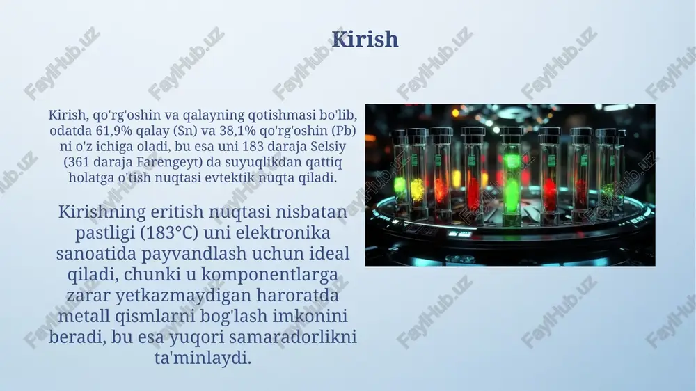 ik qotishma (au-si) yarimoʻtkazgich sanoatida mikrosxemalar uchun ulagich sifatida ishlatiladi, 363 °c da eritish soddalashtirilgan ulanishni ta'minlaydi. xulosa eutektik nuqtada ikkala komponent ham bir vaqtning o'zida qattiqlashadi, natijada qotishma o'ziga xos erish haroratiga ega bo'ladi, bu individual komponentlardan pastroq bo'lishi mumkin. termik analiz ikki komponentli sistemalarning fazali diagrammasini aniqlashda muhim ahamiyatga ega, sovutish egri chiziqlaridagi burilish nuqtalari fazali o'tishlarni ko'rsatadi. e'tiboringiz uchun rahmat image4.png image6.jpg image7.jpg image8.jpg image9.jpg image10.jpg image11.jpg image12.jpg image13.jpg image14.jpg image15.jpg image3.jpeg