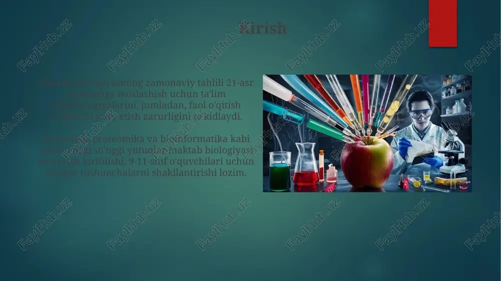odlari, masalan, issiqlik xaritalari, gen ifodasining darajasini kodlangan rang yordamida ko'rsatadi. bu esa, ma'lumotlar to'plamidagi tendensiyalarni tezda aniqlashga imkon beradi. ta'limdagi innovatsion yondashuvlar “steam” ta’limi biologiya darslarida o’quvchilarni muammolarni hal qilishga undaydi, bunda tabiiy fanlar, texnologiya, muhandislik, san’at va matematika integratsiyasi muhim ahamiyatga ega. “bimodal ta’lim” aralash o’qitish usuli bo’lib, unda onlayn va oflayn formatlar sinxronlashtiriladi, bu esa biologiya fanini o’rganishda 2 xil usulni birlashtirib, 100% natijaga erishishga yordam beradi. zamonaviy biologiyaning axloqiy jihatlari genomni tahrirlash (masalan, crispr) inson embrionlarida irsiy kasalliklarni davolash imkonini beradi, lekin genetik xilma-xillikni kamaytirishi va kutilmagan oqibatlarga olib kelishi mumkin. sintetik biologiya yangi organizmlarni yaratish orqali oziq-ovqat ishlab chiqarishni ko'paytirishi mumkin, lekin ekotizimga salbiy ta'sir ko'rsatishi va biosafety xavfini oshirishi mumkin. xulosalar va kelajakdagi istiqbollar zamonaviy biologiya taʼlimi molekulyar biologiya va gen injeneriyasi yutuqlari asosida 21-asr kompetensiyalariga mos yangi oʻquv dasturlarini yaratishni talab etadi. klinik biologiya, biotexnologiya va bioinformatika sohalaridagi rivojlanishlarni hisobga olib, 9-11 sinflarda …