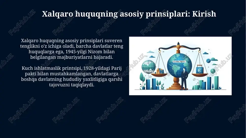 erishishda barcha davlatlarning birgalikdagi harakatlarini talab etadi. xalqaro huquqning imperativ normalari (jus cogens) jus cogens normalari davlatlar oʻrtasidagi shartnomalarni, agar ular ushbu imperativ normalarga zid boʻlsa, 1969-yilgi vena konvensiyasining 53-moddasiga koʻra bekor qilishi mumkin. tajovuzkorlik, genotsid va qullik kabi xalqaro huquq buzilishlari jus cogensning eng yorqin misollaridir; hech qanday davlat ularga nisbatan chekinish huquqiga ega emas. xulosa va kelajakdagi tendentsiyalar xalqaro huquqning kelajagi 2030-yilga borib, sun'iy intellekt va avtonom tizimlarning roli ortishi bilan bog'liq yangi huquqiy muammolarni keltirib chiqaradi. iqlim o'zgarishi bilan bog'liq da'volar 2025-yilga kelib xalqaro sudlarda 30% ga oshishi kutilmoqda, bu davlatlarning majburiyatlarini aniqlashtirish zarurligini ko'rsatadi. e'tiboringiz uchun rahmat image6.jpg image7.jpg image8.jpg image9.jpg image10.jpg image11.jpg image12.jpg image13.jpg image14.jpg image15.jpg image16.jpg image17.jpg image4.jpeg