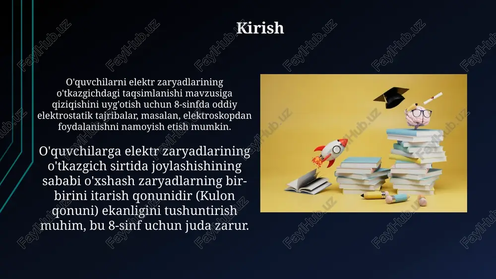 nan 25 daqiqa, yangi mavzuni tushuntirishda elektronlarning harakati va zaryad taqsimotini vizualizatsiya qilish uchun animatsiyalar yoki diagrammalardan foydalanish lozim. qiyinchiliklar va ularni yechish yo'llari o'quvchilarning elektrostatik induksiya tushunchasini qabul qilishda qiyinchiliklar yuzaga kelishi mumkin. buning yechimi sifatida, ko'plab amaliy tajribalar o'tkazish va modellashtirish dasturlaridan foydalanish tavsiya etiladi. zaryadlarning taqsimlanishi o'lchovlari murakkabligi sababli, o'quvchilar orasida adashish holatlari kuzatilishi mumkin. bu muammoni hal qilish uchun, sodda va aniq o'lchov uskunalaridan foydalanish lozim. resurslar va materiallar 8-sinf fizika darsligi va masalalar to'plami elektr zaryadlarining taqsimlanishi mavzusini o'rgatishda asosiy manba bo'lib, nazariy ma'lumotlar va amaliy mashqlar beradi. elektr zaryadlarining taqsimlanishi jarayonini vizualizatsiya qilish uchun elektrostatik mashina, elektroskop, metall sharlar va ipak mato kabi laboratoriya jihozlaridan foydalanish kerak. xulosa o'tkazgichlarda elektr zaryadlarining taqsimlanishi 8-sinf fizika kursining muhim mavzusi bo'lib, elektrostatikaning fundamental tushunchalarini o'z ichiga oladi, masalan, zaryad saqlanish qonuni. ushbu mavzuni o'qitishda o'quvchilarning zaryad tushunchasini, shuningdek, 1,602 × 10⁻¹⁹ c elementar zaryadning miqdorini tushunishlari va …