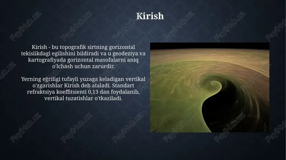 di, radioto'lqinlar uzatish masofasiga ta'sir etadi. xatoliklar va noaniqliklar o'lchashlardagi xatoliklar 1-darajali aniqlikka bog'liq bo'lib, asbobning sezgirligi va kalibrlash aniqligi natijalarga 0.01 m dan 0.1 m gacha ta'sir qilishi mumkin. gorizontal masofani hisoblashda atmosfera refraksiyasi tufayli noaniqliklar paydo bo'ladi, bu esa nurning egilishiga olib keladi va masofaning 0.001% dan 0.01% gacha o'zgarishiga sabab bo'ladi. xulosa yerning egriligi gorizontal masofaga sezilarli ta'sir ko'rsatadi, ayniqsa 10 kilometrdan ortiq masofalarda, natijada tekis yuzadagi hisob-kitoblarda xatoliklar yuzaga keladi. vertikal masofa o'lchovlarida, masalan, balandlikni aniqlashda, yerning egriligini hisobga olish zarur, chunki har 100 kilometrda taxminan 7.98 santimetrga farq bo'lishi mumkin. e'tiboringiz uchun rahmat image3.jpg image4.jpg image5.jpg image6.jpg image7.jpg image8.jpg image9.jpg image10.jpg image11.jpg image12.jpg image13.jpg image14.jpg