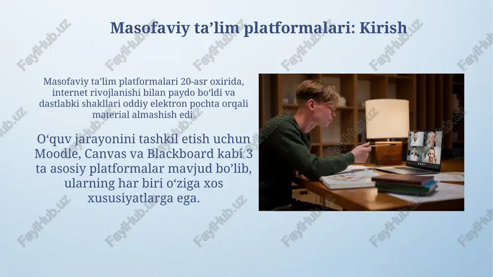 ga vaqtni tejaydi va talabalarga zudlik bilan fikr-mulohaza berish imkonini yaratadi. kelajakdagi tendentsiyalar moslashtirilgan ta’limga e’tibor 2025 yilga borib, har bir o’quvchining ehtiyojiga moslashuvchan kurslar va 1:1 darslar sonini 40%ga oshiradi. vr/ar integratsiyasi 2027 yilga kelib amaliy tajribalarni simulyatsiya qiladi, bu esa 3d modellashtirish orqali o’qish samaradorligini 30%ga ko’taradi. xulosa xulosa, talabalarning o'quv jarayonidagi tushunish darajasini aniqlash uchun muhim bosqich bo'lib, unda asosiy tushunchalar jamlanadi va 10-15 ta so'z bilan qisqacha bayon etiladi. platformalarning samaradorligini baholashda xulosa asosiy rol o'ynaydi, unda foydalanuvchilarning fikr-mulohazalari va 75% foydalanish ko'rsatkichlari kabi ma'lumotlar tahlil qilinadi. e'tiboringiz uchun rahmat image4.png image6.jpg image7.jpg image8.jpg image9.jpg image10.jpg image11.jpg image12.jpg image13.jpg image14.jpg image15.jpg image16.jpg image17.jpg image3.jpeg