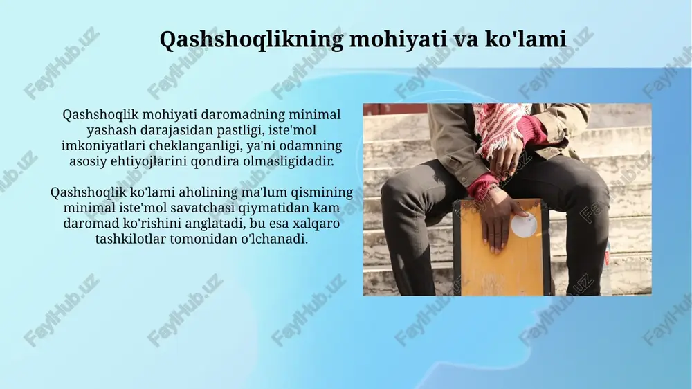 okreditlar va grantlar ajratish, qishloq joylarda infratuzilmani yaxshilash qashshoqlikni kamaytirishning asosiy yo'nalishlaridan biridir. fuqarolarning o'zini o'zi tashkil etishi va ishtiroki fuqarolar yig'inlari hududlarda 3-5 yilga saylanadigan 11-21 a'zodan iborat kengash orqali o'zini o'zi boshqarish huquqini amalga oshiradi. mahalliy o'zini o'zi boshqarish organlari qonunchilikka muvofiq 30 dan ortiq vazifalarni bajaradi, jumladan, ijtimoiy himoya va infratuzilmani rivojlantirish. muvaffaqiyatli tajribalar va saboqlar mikro-moliyalash dasturlari, masalan, grameen banki, kambag'allarni kreditlar bilan ta'minlash orqali tadbirkorlikni rivojlantirishga va iqtisodiy imkoniyatlarni kengaytirishga yordam beradi. braziliyaning bolsa família dasturi shartli pul o'tkazmalari orqali bolalarning ta'lim olishi va sog'lig'ini yaxshilashga qaratilgan bo'lib, bu esa avlodlararo qashshoqlikni kamaytiradi. e'tiboringiz uchun rahmat image3.jpg image4.jpg image5.jpg image6.jpg image7.jpg image8.jpg image9.jpg image10.jpg image11.jpg image12.jpg image13.jpg image14.jpg image1.png