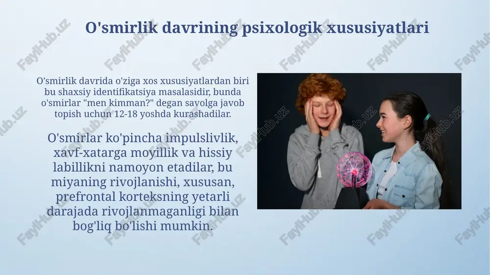 tar xulqida impulsivlik va hissiyotga beriluvchanlik tufayli 15-19 yoshda avtohalokatlar soni ortadi, bu miyaning rivojlanishi bilan bog'liq. tajriba o'tkazish, ayniqsa 12-14 yoshda, ijtimoiy qabulni izlash bilan bog'liq. tengdoshlar bosimi 70% hollarda zararli odatlarni boshlashga olib kelishi mumkin. mustaqillikka intilish o'smirlarda mustaqillikka intilish 14-17 yoshlarda kuchayadi, ular o'z fikrlarini himoya qilish va qaror qabul qilishda erkin bo'lishni xohlashadi, bu esa oila bilan ziddiyatlarga olib kelishi mumkin. mustaqillikka intilish o'smirlarda shaxsiy chegaralarni belgilash, ijtimoiy guruhlarda o'z o'rnini topish va 18 yoshga yetganda kattalar hayotiga tayyorgarlik ko'rish kabi vazifalarni bajarishga yordam beradi. kelajakka yo'nalganlik va kasb tanlash o'smirlar kelajakka yo'nalganlikda idealistik tasavvurlarga ega bo'lib, 15-18 yoshda kasb tanlashda o'z qobiliyatlarini real baholash muhim. bu davrda professional yo'naltirish testlari katta ahamiyatga ega. kelajakka intilish, ayniqsa 16 yoshdan so'ng, kasb tanlashga bevosita ta'sir ko'rsatadi, ammo noto'g'ri tanlov oqibatida demotivatsiya 20-22 yoshlarda kuzatilishi mumkin, bu esa qayta yo'nalishni talab qiladi. depressiya va tashvish o'smirlar depressiyasi ko'pincha …