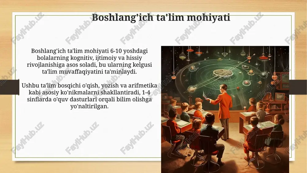 m maktablariga integratsiyalash, ularga teng imkoniyatlar yaratadi. boshlang'ich ta'limda hamkorlik boshlang'ich ta'limda hamkorlik o'quvchilarning 21-asr ko'nikmalarini, masalan, muloqot va muammolarni yechish qobiliyatini rivojlantirishga yordam beradi hamda o'zaro hurmatni oshiradi. boshlang'ich sinflarda hamkorlik darslari o'quvchilarning o'zlashtirish darajasini 15-20 foizga oshirishi mumkin, chunki ular bir-biridan o'rganish imkoniyatiga ega bo'ladilar. ta'limni rivojlantirish istiqbollari ta'limda raqamli texnologiyalarni 2030 yilgacha keng joriy etish, onlayn ta'lim platformalarini rivojlantirish va o'quv jarayoniga moslashtirish asosiy istiqbollardan biridir. kembrij dasturi asosida o'qituvchilarning malakasini oshirish, pedagogik mahoratni rivojlantirish va yangi avlod darsliklarini yaratish 2027 yilgacha davom etadi. e'tiboringiz uchun rahmat image8.jpg image9.jpg image10.jpg image11.jpg image12.jpg image13.jpg image14.jpg image15.jpg image16.jpg image17.jpg image18.jpg image19.jpg image3.png image4.png