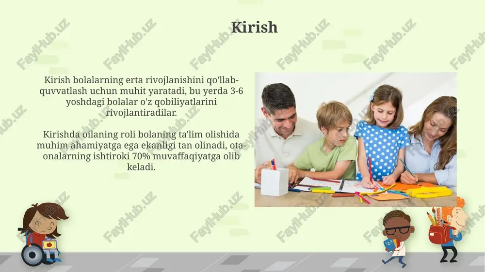 i ota-onalar bilan hamkorlik shakllari orasida ota-onalar yig'ilishlari 1-o'rinda turadi, bunda bolaning rivojlanishi, muammolar va yechimlar 3-shaxs tomonidan muhokama qilinadi. individual suhbatlar 2-darajali shakl bo'lib, unda har bir bola uchun alohida yondashuv 4-qadam sifatida, ota-onalar bilan 15-20 daqiqa davomida muhokama o'tkaziladi. muvaffaqiyatli hamkorlikning omillari ota-onalar va mtt o'rtasidagi ishonchli munosabatlar, muntazam uchrashuvlar va fikr almashish, bolaning rivojlanishi haqida aniq 1-raqamli ma'lumot berish, muvaffaqiyatli hamkorlikning asosiy omilidir. mtt xodimlarining oilalar bilan ochiq va samimiy munosabatlari, 2 tomonlama hurmat va bolaning manfaatlarini birinchi o'ringa qo'yish, hamkorlik samaradorligini oshiradi. hamkorlikdagi qiyinchiliklar ota-onalar bilan mtt o'rtasida aloqa yetishmasligi, masalan, bolaning rivojlanishidagi o'zgarishlar yoki muammolar haqida xabar bermaslik, hamkorlikdagi qiyinchiliklarni keltirib chiqaradi. ota-onalarning mtt talablariga rioya qilmasligi, masalan, bolani vaqtida olib kelish yoki kerakli materiallar bilan ta'minlamaslik, nizolarga sabab bo'lib, 2 tomonlama hamkorlikka zarar yetkazadi. baholash va takomillashtirish baholash bolaning 5 ta asosiy rivojlanish sohalarida (ijtimoiy, hissiy, kognitiv, jismoniy, nutq) erishgan yutuqlarini aniqlashga yordam beradi. …