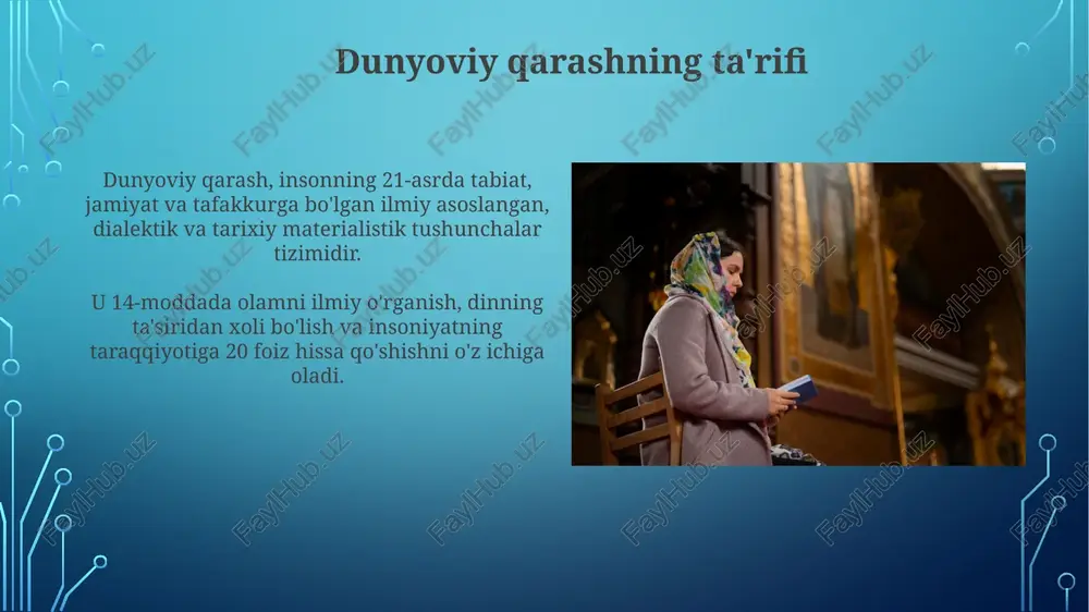 ladan, diniy madhiyalarga ta'sir ko'rsatadi. ijtimoiy tartibni saqlash ijtimoiy tartibni saqlashda din axloqiy kodekslar orqali shaxsiy xulq-atvorni tartibga soladi, bu esa jamiyatda 10 ta asosiy qadriyatlarni mustahkamlaydi. diniy dunyoqarash ijtimoiy institutlarni (masalan, oila, nikoh) 3 ta asosiy qonunlar asosida qo'llab-quvvatlaydi va shu orqali ijtimoiy barqarorlikni ta'minlaydi. o'zlikni aniqlash va dunyoda o'z o'rnini topish o'zlikni anglash orqali shaxsiy qadriyatlar tizimi shakllanadi, bu esa hayotda 1-ustuvorliklarni belgilash va 2-asosiy maqsadlarni aniqlashda yordam beradi. diniy e'tiqodlar ko'pincha 3 xil axloqiy me'yorlarni taqdim etadi, shaxs o'zining dunyoqarashi bilan uyg'unlashib, jamiyatda 4-ijobiy rol o'ynaydi. e'tiboringiz uchun rahmat image4.jpg image5.jpg image6.jpg image7.jpg image8.jpg image9.jpg image10.jpg image11.jpg image12.jpg image13.jpg image14.jpg image15.jpg image1.png
