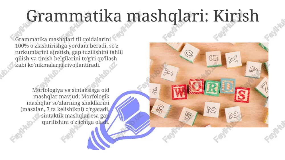 o'shimchasi fe'lga qo'shiladi, "yozdi" shaklida. bu grammatik qoidalarni amalda qo'llashga yordam beradi. kompozitsiya mashqlari kompozitsiya mashqlari talabalarning 5-7 ta so'zdan iborat gaplarni tuzish qobiliyatini rivojlantiradi, shu orqali matn yaratish ko'nikmalariga zamin yaratiladi. ushbu mashqlar orqali o'quvchilar 2-3 ta mavzuga oid lug'at boyligini oshiradi va grammatik qoidalarni 100% tushungan holda qo'llashga o'rganadi. konversiya mashqlari 01 02 konversiya mashqlari so‘z turkumini o‘zgartirish orqali yangi so‘z yasashga qaratilgan. misol uchun, fe'l otga aylantiriladi, 2 ta leksik birlikning ma'nosi o'zgaradi va yangi so'z hosil bo'ladi. sales 1st qtr 2nd qtr 100 0 sales 1st qtr 2nd qtr 100 0 qisqartirish mashqlari qisqartirish mashqlari so‘zlarni qisqartirishning 3 xil usulini o‘z ichiga oladi: apokopa, sinkopa va afera, har biri so‘zlarning turli qismlarini olib tashlash orqali hosil bo'ladi. ushbu mashqlar, masalan, 'international' so‘zidan 'int' hosil qilish kabi, tilning 4 asosiy qoidasiga rioya qilishni talab qiladi: aniqlik, qisqalik, tushunarlilik va moslik. mashqlarni baholash mezonlari mashqni baholash mezonlarida 70% …