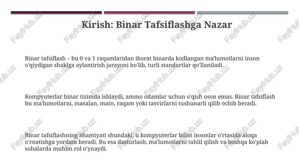 rganish uchun 20 dan ortiq vositalarni oʻz ichiga oladi. ftk imager kabi bepul asboblar disk tasvirini yaratadi, hash qiymatlarini (masalan, md5, sha-1) hisoblaydi va fayllarni 10 dan ortiq formatda koʻrish imkonini beradi. xavfsizlik sohasida qo'llanilishi kriptografik protokollar, misol uchun aes-256 shifrlash algoritmi, ma'lumotlarni himoya qilishda 2^256 ta kalit kombinatsiyasini taklif etadi, bu esa buzishni juda qiyinlashtiradi. biometrik tizimlar, masalan, barmoq izi skanerlari 99.9% aniqlikda autentifikatsiya qilib, noqonuniy kirishning oldini oladi va ma'lumotlar xavfsizligini ta'minlaydi. tarmoq xavfsizligida qo'llaniladigan devsecops avtomatlashtirish vositalari, har bir 1000 qator kod uchun o'rtacha 0.1 ta xavfsizlik zaifligini aniqlaydi. revers injiniringda binar tafsiflash binar tafsiflashda revers injiniring kompilyatsiya qilingan kodni tahlil qiladi, 0 va 1 lardan iborat baytlarni, assembler instruktsiyalariga yoki yuqori darajadagi tushunarli ko'rinishga o'zgartiradi. revers injiniring jarayonida, binar tafsiflashda x86-64 kabi arxitekturalar haqida chuqur bilim kerak, chunki turli xil mashina tillari turlicha talqin qilishni talab etadi. binarni qayta ishlashda tafsiflash instrumental vosita bo'lib, dasturiy ta'minot …