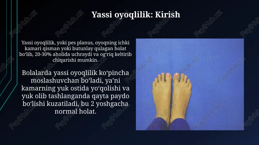 liklar organizmning immun tizimi tomonidan qo'zg'atiladi, bu esa hujayralarning shikastlanishiga va yallig'lanish jarayoniga olib keladi, masalan, revmatoid artrit. surunkali yallig'lanishli kasalliklar, masalan, crohn kasalligi, uzoq davom etadigan va takrorlanuvchi yallig'lanish bilan xarakterlanadi, ichak traktida og'riq va buzilishlarni keltirib chiqaradi. nerv-mushak kasalliklari nerv-mushak kasalliklari mushak kuchsizligiga olib kelishi mumkin, bu holatda miyasteniya gravisda asab impulslarining mushak retseptorlari bilan bogʻlanishi 75% ga kamayadi. charcot-marie-tooth kasalligi kabi irsiy nerv-mushak kasalliklari gen mutatsiyalari tufayli yuzaga keladi, oyoq va qoʻllarning progressiv zaiflashuviga olib keladi taxminan 60% holatlarda. bolalardagi yassi oyoqlilik bolalarda yassi oyoqlilik ko'pincha 3-6 yoshgacha fiziologik bo'ladi, chunki oyoq kamari hali to'liq shakllanmagan va yog' to'qimasi uni qoplaydi. ba'zi bolalarda yassi oyoqlilik tug'ma bo'lishi mumkin, bu suyaklar yoki paylardagi anormalliklar, masalan, vertikal qon tomir (vertikal talus) bilan bog'liq. kattalardagi yassi oyoqlilik kattalardagi yassi oyoqlilik, yoki pes planus, koʻpincha tibbiy muammolar, masalan, revmatoid artrit tufayli paydo boʻladi va oyoq kamarlarini ushlab turuvchi toʻqimalarga taʼsir qiladi. …