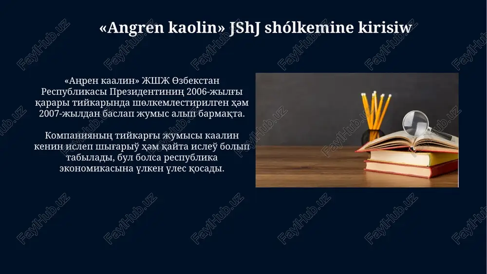 leriniń atmosferadaǵı konsentratsiyasın asırıp jiberiwine sebep boladı, dem alıw jolı kesellikleri qáwipin arttırıp, 10% salamatlıq máselelerin keltirip shıǵaradı. sapasın basqarıw sisteması "angren kaolin" mchj sapasın basqarıw sisteması iso 9001:2015 standartına muwapıq sertifikatqa iye bolıp, turaqlı sapalı ónim islep shıǵarıwdı támiyinleydi. kárxanada sapalı ónim shıǵarıw maqsetinde sapalı xızmetkerlerdiń qatnasıwın támiyinlewshi 7 basqarıw principi ámelde qollanıladı. investiciyalıq joybarlar "angren kaolin" mchj investiciyalıq joybarları 2023-2025-jıllarda 15 million aqsh dolları muǵdarındaǵı zamanagóylestiriw is-ilajların ámelge asırıwdı rejelestirip atır. kaolinni qayta islew ushın jańa texnologiyalardı engiziw investiciyalıq joybarları arqalı ónimdarlıqtı 30 procentke asırıw hámde sapasın jaqsılaw maqset etip belgilengen. finanslıq kórsetkishler "angren kaolin" mchjning aktivleri, balans bahası boyınsha 2023-jılda 120 milliard sumdı quradı hám bul óndiris kóleminiń keńeyiwi menen baylanıslı. kárxananıń 2023-jıldaǵı taza paydası 25 milliard sumdı shólkem etti, bul ónim satıw kóleminiń artqanlıǵın hám qárejetlerdiń optimallastırılıwın ańlatadı. báslesiwshilik artıqmashılıqları "angren kaolin" mchj-ning kaolin o'nimlari respublikamiz bo'ylab keng tarqalgan bo'lib, transport xarajatlarini minimallashtiradi, ya'ni 15% gacha …