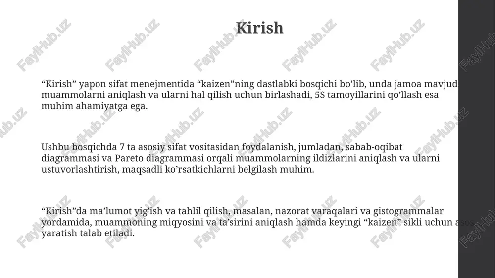 , 4m (man, machine, material, method) muammosi aniqlanganda, uskunalar avtomatik ravishda ishlashni to'xtatadi, bu defektlarni minimallashtiradi. jidoka nafaqat jarayonni to'xtatibgina qolmay, balki muammoning ildizini aniqlashga imkon beradi, bu esa 5 whys usuli kabi tahliliy vositalar bilan 100% sifat kafolatini ta'minlaydi. avtomatlashtirishda inson aralashuvi orqali jidoka 0 ta nuqson maqsadiga erishishga yordam beradi, chunki har bir anormallik bartaraf etiladi va ishlab chiqarish jarayoni doimiy ravishda takomillashtiriladi. ishikawa diagrammasi (baliq suyagi diagrammasi) diagramma '5 whys' kabi usullar bilan bog'lanib, muammoning asosiy ildiziga kirib borishga yordam beradi va shu bilan sifatni yaxshilash jarayonini tezlashtiradi. ishikawa diagrammasi, shuningdek, sabab-oqibat diagrammasi deb ham ataladi, mahsulot sifatidagi muammoning asosiy sabablarini aniqlash uchun ishlatiladigan vizual vosita hisoblanadi. ishikawa diagrammasi '6m' (mashinalar, usullar, materiallar, odamlar, o'lchovlar, muhit) kabi kategoriyalardan foydalanib, potentsial sabablarni tizimli ravishda aniqlashga imkon beradi. umumiy unumdorlikni saqlash (tpm) tpm ishlab chiqarish uskunalari samaradorligini oshirishga qaratilgan bo'lib, oltita asosiy yo'qotishni (6 big losses) kamaytirish orqali 100% …