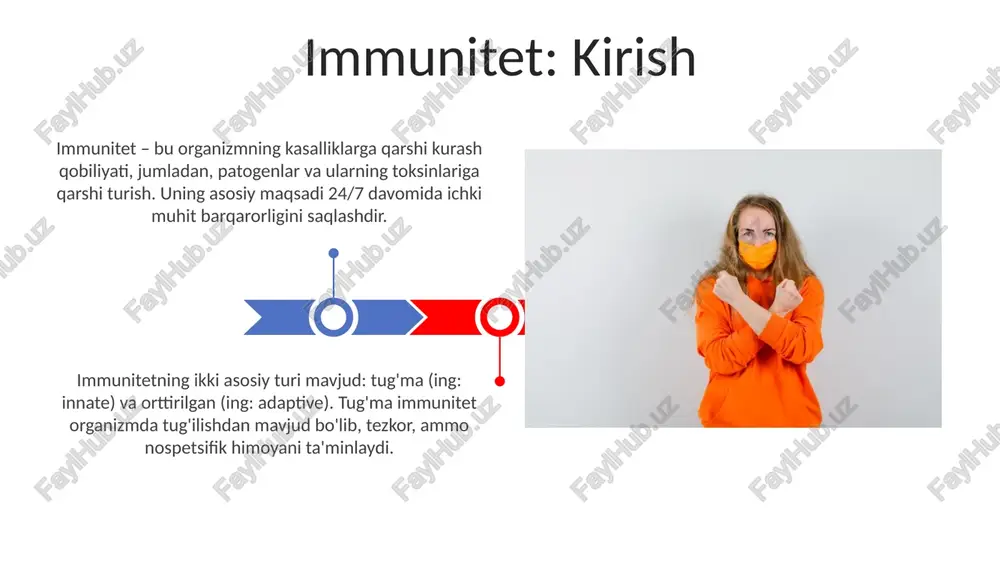 g bir turi bo'lib, odatda 0 dan 2 haftagacha davom etadi. vaksinalar orqali qo'zg'atilgan sun'iy faol immunitet, tabiiy infektsiya keltirib chiqaradigan immunitetga qaraganda 90 foizga kam xavfli bo'lishi mumkin. passiv immunitet passiv immunitet tanaga tayyor antitelalar kiritilganda yuzaga keladi, masalan, ona suti orqali 6 oygacha bo'lgan chaqaloqlarda kuzatiladi. zardob terapiyasi passiv immunitetning bir turi bo'lib, unda boshqa organizm tomonidan ishlab chiqarilgan antitelalar zaharlanishga qarshi qo'llaniladi va 2-3 hafta davom etadi. immunitet buzilishlari: immun tanqisligi immun tanqisligi kasalliklari, masalan, oits, cd4+ t-limfotsitlarining yo'qolishi tufayli kelib chiqadi, bu esa opportunistik infektsiyalarga sezuvchanlikni oshiradi. og'ir birgalikdagi immun tanqisligi (scid) - bu genetik nuqson bo'lib, t va b hujayralarining rivojlanishiga to'sqinlik qiladi, bu esa hayotning birinchi yilida o'limga olib kelishi mumkin. autoimmun kasalliklar revmatoid artritda immunitet tizimi bo'g'imlarni hujumga o'tkazadi va yallig'lanish, og'riq hamda funksiyaning yo'qolishiga olib keladi. kasallik 30-50 yoshda ko'proq uchraydi. 1-toifa diabetda immunitet hujayralari insulin ishlab chiqaruvchi beta hujayralarini yo'q qiladi, …