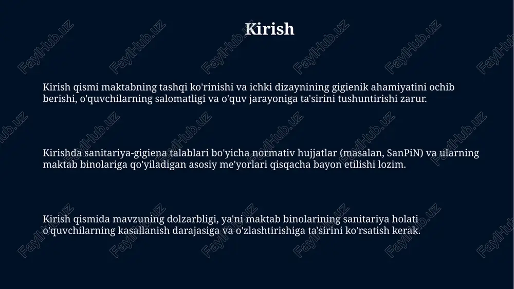 ulay ko'rish va yozish uchun optimal sharoit yaratadi. sun'iy yoritishda lyuminestsent lampalar ishlatilsa, rang berish indeksi (ra) 80 dan yuqori bo'lishi zarur, bu ranglarni aniq ko'rsatish va ko'rish qulayligini ta'minlaydi. yoritish darajasi partalarda kamida 300 lyuks bo'lishi lozim, bu esa ko'zlarning zo'riqishini kamaytiradi va o'quvchilarning diqqatini jamlashiga yordam beradi. havoning harorati va shamollatishga qo'yiladigan gigiyenik talablar shamollatish tizimi xonalarda karbonat angidrid miqdorini belgilangan gigiyenik me'yorlardan oshirmasligi kerak, odatda bu ko'rsatkich 0.1% dan kam bo'lishi lozim. sinf xonalarida havo harorati 18-22°c oralig'ida bo'lishi kerak, bu o'quvchilarning qulayligini ta'minlaydi va ortiqcha sovqotish yoki qizib ketishning oldini oladi. maktab binolarida tabiiy shamollatishdan tashqari, majburiy shamollatish tizimlari ham bo'lishi kerak, ayniqsa dars vaqtida havo almashinuvini ta'minlash uchun, optimal darajasi 1.5-2 m/s bo'lishi darkor. suv ta'minoti va kanalizatsiyaga qo'yiladigan gigiyenik talablar maktablarda ichimlik suvi sifatini ta'minlash uchun gost 950-80 talablariga javob berishi zarur, bunda har bir o'quvchiga kuniga kamida 3 litr suv ajratilishi kerak. kanalizatsiya …