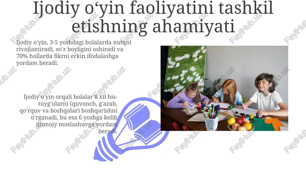 iyatlari (tasavvur, fantaziya) 3-6 oyda bir marta baholanadi. misollar: muvaffaqiyatli ijodiy o'yin loyihalari 'san'at galereyasi' loyihasida 4-5 yoshli bolalar o'z rasmlarini namoyish etadilar va 3 ta asosiy san'at texnikasini qo'llagan holda boshqalarni o'rgatadilar. 4 nafar o'qituvchi yordamida 'hikoya teatri' loyihasi 5-6 yoshli bolalarga hikoyalar yaratish, rol o'ynash va 2 turdagi sahna dekoratsiyalari bilan chiqish imkonini beradi. savol-javoblar va muhokama 01 02 “savol-javoblar va muhokama” bolalar faolligini oshiradi, ularning fikrlash qobiliyatini rivojlantiradi hamda 3-4 yoshdagi bolalarning savollariga javob berish muhim ahamiyatga ega. sales 1st qtr 2nd qtr 100 0 sales 1st qtr 2nd qtr 100 0 e'tiboringiz uchun rahmat image5.jpg image6.jpg image7.jpg image8.jpg image9.jpg image10.jpg image11.jpg image12.jpg image13.jpg image14.jpg image15.jpg image16.jpg image1.jpeg image2.jpeg image3.jpeg