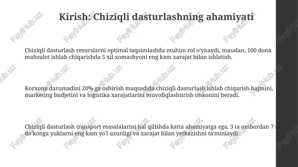 grafik usul simplex usuli ko'p o'zgaruvchili lineer programmalashtirish masalalarini yechish uchun iterativ algebraik jarayon, har bir qadamda maqsad funksiyasi qiymatini yaxshilaydi. grafik usul ikki o'zgaruvchili lineer programmalashtirish masalalarini vizual tarzda yechish imkonini beradi, yechim sohasini chizib va optimal nuqtani aniqlash orqali. simplex usulida optimal yechimga erishilguncha bazis yechimlari almashtiriladi, har bir iteratsiyada maqsad funksiyasi qiymati 0 yoki undan ko'proqqa oshadi. chiziqli dasturlashni tashkiliy xulq-atvor sohasida qo'llash misollari korxonada chiziqli dasturlashdan foydalanib, resurslarni 25 ta turli mahsulot ishlab chiqarishga optimal taqsimlash, xarajatlarni 15 foizga kamaytirish va foydani oshirish mumkin. chiziqli dasturlash, 1950-yillarda boshlangan, ishchilarning vazifalarini optimal taqsimlash orqali samaradorlikni oshirishga yordam beradi, masalan, 30 xodimni 5 xil loyihaga ajratish. xodimlarni 10 ta turli bo'limlarga eng yaxshi moslashtirish uchun chiziqli dasturlash modellari qo'llaniladi, bunda har bir xodimning 20 dan ortiq ko'rsatkichlari hisobga olinadi. resurslarni taqsimlash muammolari resurslarni taqsimlash muammolari 100 ta ishchini 3 ta loyihaga optimal taqsimlashni o'z ichiga olishi mumkin, har …