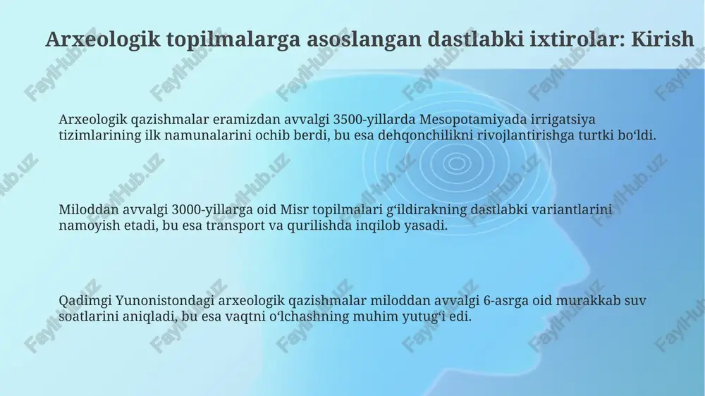 aning dastlabki bosqichlari haqida muhim ma'lumotlarni ochib beradi. pompeyning vayronalaridan topilgan milodiy 79-yilga oid suv nasoslari rim injeneriyasining innovatsion suv ta'minoti tizimlarida gidravlik tamoyillardan foydalanishi haqida dalolat beradi. antik yunoniston antikythera mexanizmi (miloddan avvalgi 205-yil) astronomik hisoblash uchun mo'ljallangan bo'lib, qadimgi olimlarning murakkab tishli mexanizmlardan foydalanganligini isbotlaydi. e'tiboringiz uchun rahmat image1.png