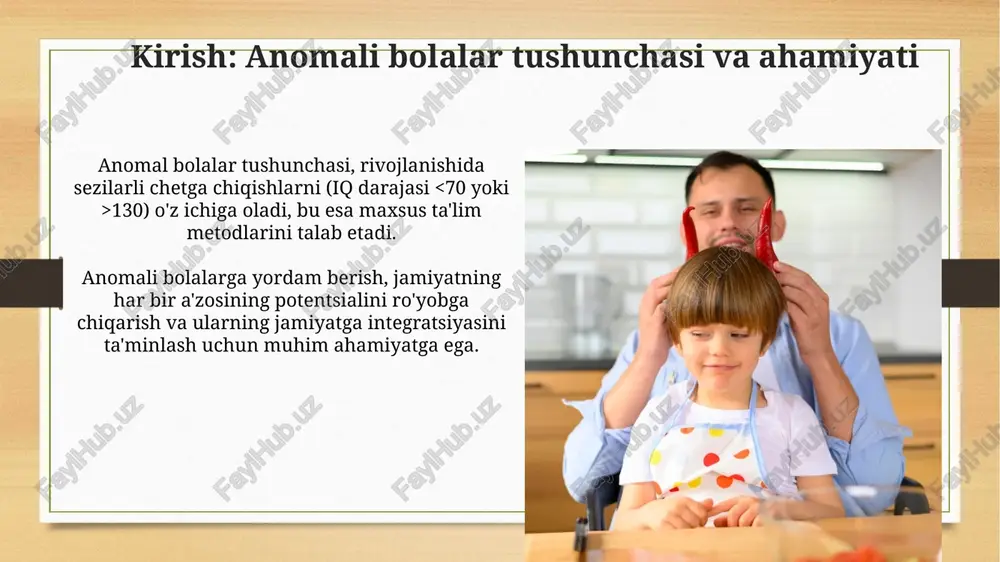 lalarga yordam berishning samarali usullaridan biri bu individual o'quv rejasini (ior) ishlab chiqish bo'lib, unda har bir bolaning ehtiyojlari 1:1 o'rganiladi. inklusiv ta'lim muhitini yaratishda, tengdoshlar bilan o'zaro aloqalarni rag'batlantirish, anomali bolalarning ijtimoiy va hissiy rivojlanishiga 75% gacha ta'sir qiladi. e'tiboringiz uchun rahmat image8.jpg image9.jpg image10.jpg image11.jpg image12.jpg image13.jpg image14.jpg image15.jpg image16.jpg image17.jpg image3.png image4.png