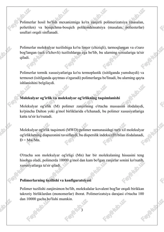 (c) bilan ortadi, mark-kuhn-sakurada tenglamasi [η] = k * m^a, bu yerda [η] xarakterli yopishqoqlik, m molekulyar og'irlik, k va a doimiylar. kompozit materiallar: asosiy tushunchalar kompozit materiallar ikki yoki undan ortiq komponentdan iborat bo'lib, ularning hajmiy nisbati aniq chegaralangan. masalan, shisha tolali plastmassada shisha tolasi (40-60%) mustahkamlaydi. kompozit materiallarning asosiy tarkibiy qismlari matritsa (bog'lovchi) va mustahkamlovchi elementlardir. matritsa yukni taqsimlaydi, mustahkamlovchi esa mexanik xususiyatlarni yaxshilaydi. kompozit materiallar an'anaviy materiallarga nisbatan yuqori mustahkamlik, yengillik va korroziyaga chidamlilik kabi afzalliklarga ega. misol uchun, uglerod tolali kompozitlar og'irligi alyuminiydan kam, lekin mustahkamligi yuqori. kompozit materiallarning tarkibiy qismlari kompozit materiallar ikki asosiy tarkibiy qismdan iborat: mustahkamlovchi (0-90% hajm ulushi) va matritsa (10-100% hajm ulushi) ularning xususiyatlarini belgilaydi. mustahkamlovchi materiallar odatda tolalar, zarrachalar yoki qatlamlar shaklida bo'lib, kompozit materialning mexanik mustahkamligini oshirish uchun ishlatiladi. matritsa polimer, metall yoki keramika bo'lishi mumkin, u mustahkamlovchilarni birga ushlab turadi va yukni ular o'rtasida taqsimlaydi (1-10 mpa). matritsa …