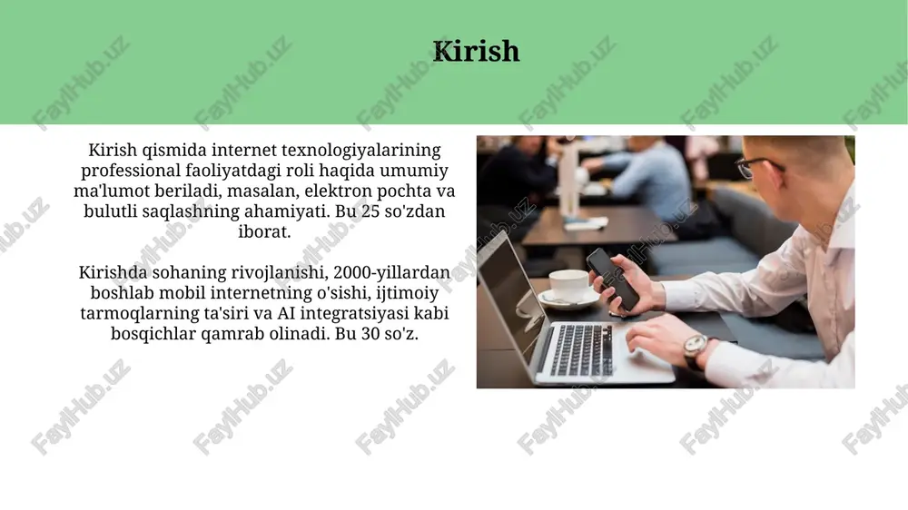 ki ular tarmoqdagi kiruvchi kirishlarni bloklaydi va zararli dasturlardan himoya qiladi. avtomatlashtirish va sun'iy intellekt avtomatlashtirish orqali, 7/24 rejimda ishlaydigan robotlar odamlar qiladigan xatolarni kamaytiradi va ishlab chiqarish unumdorligini 40% gacha oshirishi mumkin. sun'iy intellektga asoslangan chat-botlar mijozlarga xizmat ko'rsatishda 60% gacha tezroq javob beradi va savollarni avtomatik ravishda hal qilib, xarajatlarni 30% ga kamaytiradi. katta ma'lumotlar va biznes analitikasi katta ma'lumotlar va biznes analitikasi korxonalarga 5v (hajm, tezlik, xilma-xillik, to'g'rilik, qiymat) tamoyillariga asoslangan ma'lumotlardan foyda olishga yordam beradi. biznes analitikasi metodlari (masalan, regressiya) erta ogohlantirish signallarini aniqlash, risklarni baholash va operatsion samaradorlikni oshirish uchun katta hajmdagi ma'lumotlarni o'rganadi. masofaviy ish va virtual jamoalar masofaviy ish, 2023-yilgi tadqiqotlarga ko'ra, xodimlarning 77% uchun unumdorlikni oshiradi, bu esa loyihalarni tezroq yakunlash imkonini beradi. virtual jamoalar loyihalarni boshqarish uchun slack, zoom kabi platformalardan foydalanadi, bu esa xarajatlarni 30% gacha kamaytiradi. internet orqali boshqariladigan qurilmalar (iot) iot qurilmalari real vaqt rejimida ma'lumotlarni yig'ish imkoniyatini …