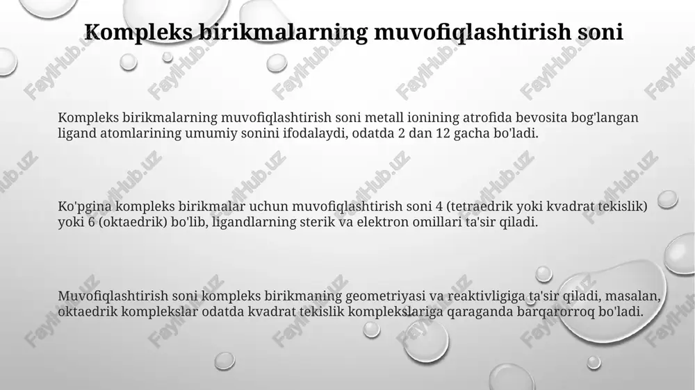 , chunki eritmada hosil bo'ladigan cho'kma miqdori orqali ionlar sonini aniqlashga imkon beradi. ushbu qator yordamida platina (ii) va (iv) komplekslarining izomerlari farqlanadi, masalan, [pt(nh3)4cl2]cl2 va [pt(nh3)4cl2]cl tuzilishini werner-miolati qatori orqali aniqlash mumkin. werner-miolati qatori orqali kompleks birikmalarning elektr o'tkazuvchanligini tushunish mumkin; birikma tarkibidagi ionlar soni o'tkazuvchanlikka bevosita ta'sir ko'rsatadi, bu esa amaliy ahamiyatga ega. e'tiboringiz uchun rahmat image1.png image2.png