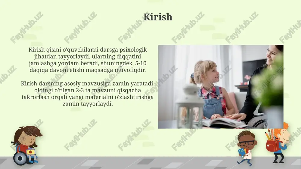 in yaratadi. ota-onalar, maktab bilan hamkorlikda 5-7 yoshdagi bolalarning ona tilidagi nutqini o'stirish uchun uyda 20-30 daqiqa davomida muntazam mashg'ulotlar o'tkazishlari zarur. texnik vositalar va yordamchi qurilmalar eshitish moslamalari, masalan, raqamli eshitish apparatlari, bolalarga ona tilidagi tovushlarni aniqroq eshitishga yordam beradi, nutqni qabul qilish va talaffuzini yaxshilashda muhim ahamiyatga ega. fm tizimlari, o'qituvchining ovozini bevosita bolaning eshitish moslamasiga uzatib, sinf xonasida shovqinni kamaytiradi va ona tilidagi darslarni tushunishni optimallashtiradi. baholash mezonlari va usullari baholash mezonlari o'quvchining nutqiy kompetensiyasini, jumladan, 100 dan ortiq so'zni tushunish va 50 ga yaqin so'zni ifodalash qobiliyatini aniqlaydi. baholash usullari orasida kuzatuv, testlar va portfoliolarni baholash bor. kuzatuv 6 oylik davr ichida o'tkazilib, o'zgarishlarni aks ettiradi. inkluziv ta'lim muhiti inkluziv ta'lim muhiti har bir o'quvchining, shu jumladan, eshitish qobiliyati cheklangan bolalarning ham, 100% teng huquqli ta'lim olishini ta'minlaydi. inkluziv ta'limda o'qituvchilar 5 ta asosiy moslashuv usulidan foydalanib, dars jarayonini eshitish qobiliyati cheklangan o'quvchilarga moslashtiradilar. maktab va …