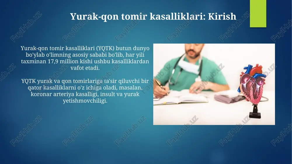 sh (aksh) jarrohligi bloklangan koronar arteriyalarni chetlab o'tish uchun oyoq yoki ko'krakdan olingan tomirlarni ishlatib, miokardga qon yetkazib berishni tiklaydi. profilaktika va turmush tarzi o'zgarishlari muntazam jismoniy faollik, haftasiga kamida 150 daqiqa o'rtacha intensivlikdagi mashqlar (masalan, tez yurish) qon bosimini pasaytiradi va yurak mushaklarini mustahkamlaydi. to'g'ri ovqatlanish, ya'ni kam yog'li, kam tuzli va ko'p meva-sabzavotli ovqatlar xolesterin miqdorini kamaytirib, yurak xastaliklari xavfini 30% ga kamaytiradi. kelajakdagi tadqiqotlar va yangi davolash usullari gen terapiyasi tadqiqotlari rivojlanmoqda, ayniqsa crispr texnologiyasi yordamida, genetik defektlarni to'g'rilash va yurak-qon tomir kasalliklarining oldini olish uchun 10-15 yil ichida klinik sinovlar boshlanishi mumkin. yangi biologik preparatlar, masalan, pcsk9 ingibitorlari va sirna molekulalari, xolesterin miqdorini 60-70% ga kamaytirishga qodir, bu esa ateroskleroz rivojlanishini sekinlashtiradi va yurak xuruji xavfini kamaytiradi. e'tiboringiz uchun rahmat image7.jpg image8.jpg image9.jpg image10.jpg image11.jpg image12.jpg image13.jpg image14.jpg image15.jpg image16.jpg image17.jpg image18.jpg image1.png image2.png image3.png image4.png
