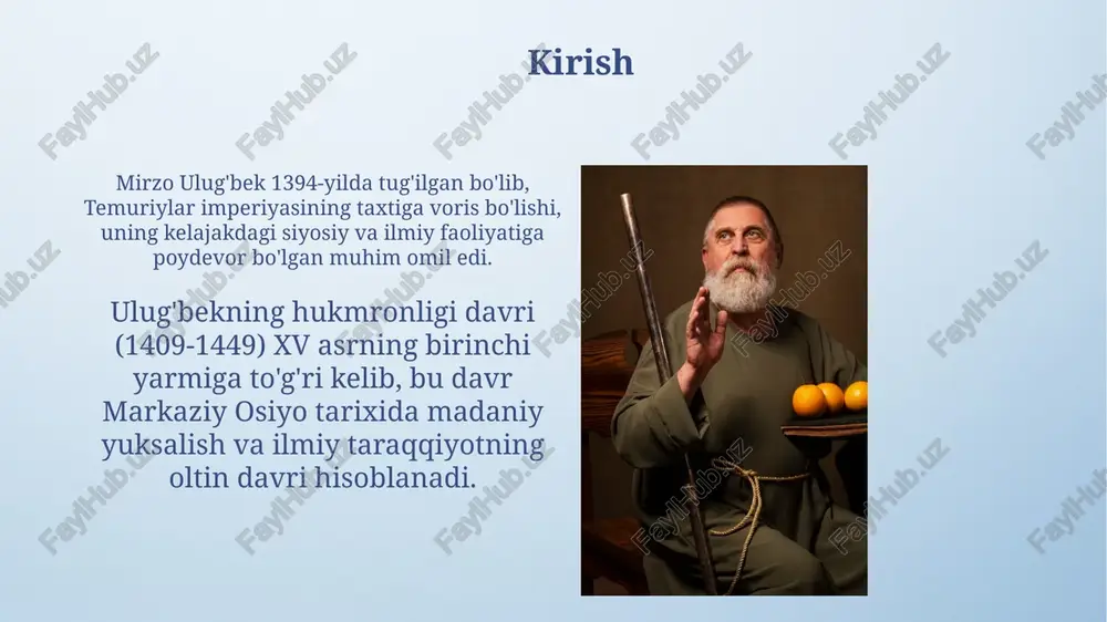 da 1420-yildan boshlab 30 yil davomida tinchlikni saqlashda muhim rol o'ynadi, bu uning diplomat sifatidagi qobiliyatini ko'rsatadi. astronomiyaga bo'lgan cheksiz qiziqishi, 1018 ta yulduzni aniq kuzatish va ularning koordinatalarini belgilashga undadi, bu esa uning sabr-toqat va qat'iyatliligini namoyon etadi. ulug'bekning fojiali o'limi ulug'bekning o'limi 1449-yilda samarqand yaqinida uning o'g'li abdullatif buyrug'i bilan sodir bo'ldi. bu siyosiy kurashlar va taxt uchun bo'lgan nizolarning natijasi edi. abdullatifning hukmronligi atigi olti oy davom etdi. ulug'bekning o'limi nafaqat ilmiy markazning, balki temuriylar davlatining zaiflashuviga olib keldi. ulug'bekning jahon ilm-faniga ta'siri ulug'bekning "zij" asari 1018 yulduzning koordinatalarini aniq ko'rsatib, ptolemey katalogidagi xatoliklarni tuzatdi va astronomiyaga sezilarli hissa qo'shdi. ulug'bek maktabi quyosh yilining uzunligini 365 kun, 6 soat, 10 daqiqa va 8 soniya aniqlikda hisoblab, o'sha davr uchun juda yuqori natijaga erishdi. xulosa ulug‘bekning astronomik kuzatishlari natijasida tuzilgan "zij guragoniy" asari o‘z davri uchun misli ko‘rilmagan aniqlikdagi 1018 ta yulduzning koordinatalarini o‘z ichiga olgan muhim xulosalarni …