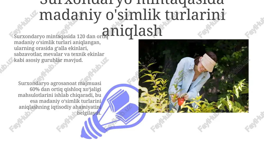 usiyatlari keltirilgan. surxondaryo viloyatining oʻsimliklar qoplami boʻyicha ilmiy maqolalar va tadqiqotlar, xususan, botanika boʻyicha dissertatsiyalar, turlarni aniqlashda muhim ma’lumotlar manbai boʻlib xizmat qildi. tadqiqot natijalari va tahlili surxondaryo viloyatida 70 dan ortiq ekin turlari aniqlandi, ularning 35 tasi g'alla ekinlari, 20 tasi sabzavot va poliz ekinlari, 15 tasi esa meva va rezavor ekinlardir. genetik tahlillar shuni ko'rsatdiki, mahalliy navlarning 60 foizi boshqa hududlardan keltirilgan navlar bilan genetik o'xshashlikka ega, 40 foizi esa noyob genetik xususiyatlarga ega. xulosalar va tavsiyalar 01 02 surxondaryo viloyatida 10 dan ortiq asosiy ekin turlarini aniqlash, mintaqaviy iqlimga moslashgan yuqori hosilli navlarni tanlashni tavsiya etamiz. sales 1st qtr 2nd qtr 100 0 sales 1st qtr 2nd qtr 100 0 e'tiboringiz uchun rahmat image5.jpg image6.jpg image7.jpg image8.jpg image9.jpg image10.jpg image11.jpg image12.jpg image13.jpg image14.jpg image15.jpg image16.jpg image1.jpeg image2.jpeg image3.jpeg