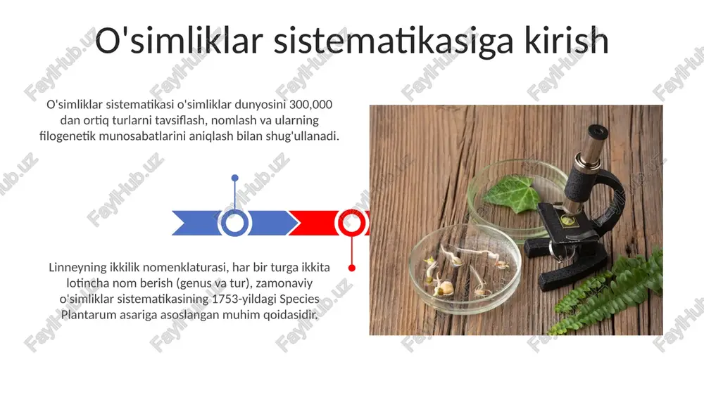 uhim klassi, molekulyar tuzilishidagi farqlar asosida turli xil o'simlik turlarini ajratib ko'rsatishga yordam beradi, bu sistematik tahlil uchun muhim. biogeografiya biogeografiya turlar va ekotizimlarning 1000+ yillik davr mobaynida yer yuzida tarqalish qonuniyatlarini o'rganadi, bu turlarning kelib chiqishi va migratsiyasini aniqlashga yordam beradi. biogeografik hududlar, masalan, nearktika, palearktika, hind-malay va avstraliya, o'simliklarning 7 ta asosiy floristik olamlarini aks ettirib, 5000 ga yaqin endemik turlarni o'z ichiga olishi mumkin. turlarni aniqlash usullari turlarni aniqlashda morfologik belgilardan foydalanish asosiy usuldir, bunda 20 yoki undan ortiq belgilari solishtirilib, o'xshashlik darajasi aniqlanadi. kimyoviy tahlil usullari, masalan, dnk sekvensiyasi, 15 ta gen hududini solishtirib, turlarning filogenetik aloqalarini 35% aniqlikda belgilaydi. o'simliklar oilalari va ularning xususiyatlari asteraceae oilasi, 23000 dan ortiq tur bilan, eng yirik oilalardan biri hisoblanadi. ularning gullari murakkab to'pgullardan iborat bo'lib, har biri ko'plab kichik gullarni o'z ichiga oladi. rosaceae oilasiga 3000 dan ortiq tur kiradi. bu oila gullarining 5 ta gulbargi va ko'plab …
