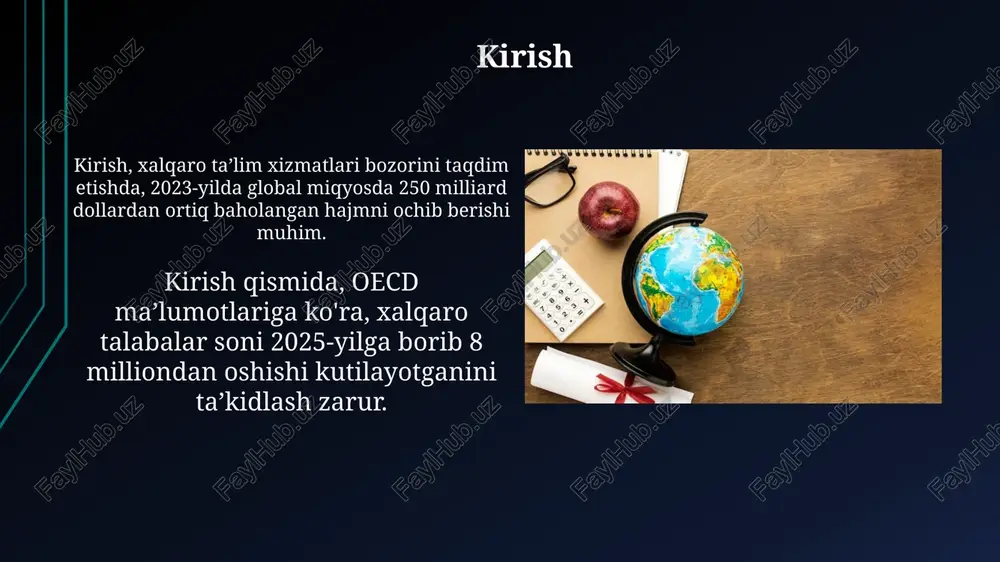 farq qilishi mumkin. ko'pgina hukumatlar va tashkilotlar xalqaro talabalarga grantlar va stipendiyalar taqdim etadi, masalan, erasmus mundus dasturi yevropa ittifoqi tomonidan moliyalashtiriladi va 1500 dan ortiq loyihani qo'llab-quvvatlaydi. reglament va siyosat xalqaro ta'lim xizmatlari bozorida davlat siyosati talabalarga grantlar ajratish, kreditlar berish va xorijiy diplomlarni tan olish kabi muhim masalalarni tartibga soladi. qoidalar xorijiy ta'lim muassasalari filiallarini ochish, o'quv dasturlarini akkreditatsiyadan o'tkazish va talabalarning huquqlarini himoya qilish mezonlarini belgilaydi, sifat nazoratini ta'minlaydi. texnologiyaning roli texnologiya masofaviy ta'limni rivojlantiradi, 100 dan ortiq mamlakatlarda talabalar uchun onlayn kurslar va virtual sinflarni taklif etadi hamda yangi imkoniyatlar yaratadi. sun'iy intellekt (ai) o'quv materiallarini moslashtirishda yordam beradi, har bir talabaning ehtiyojlariga moslashtirilgan o'quv rejalari orqali 75% gacha yaxshi natijalarga erishish mumkin. muammolar va imkoniyatlar xalqaro taʼlim xizmatlari bozorida standartlashtirishning yetishmasligi va tan olinmagan diplomlar ish beruvchilar uchun xavf tug'diradi, lekin moslashuvchan kredit transfer imkoniyatlari paydo bo'lmoqda. turli xil ta'lim standartlari va qiyosiy ma'lumotlarning yo'qligi …