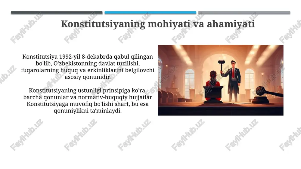 chga ega. konstitutsiyaga rioya qilish kafolati, 15-moddaga ko'ra, o'zbekiston respublikasining xalqaro huquq normalariga sodiqligidadir; bu xalqaro shartnomalar qoidalarini ustuvor deb belgilaydi. konstitutsiyani mustahkamlash yo'llari konstitutsiyaga o'zgartirishlar kiritish jarayonini 2/3 parlament a'zosi va referendum orqali xalq roziligi bilan qat'iy tartibga solish lozim. konstitutsiyaviy sudning rolini kuchaytirish orqali, uning qarorlari ijrosini 100% ta'minlash va konstitutsiyaviy nazoratni mustahkamlash zarur. xulosa: konstitutsiya - farovon jamiyat kaliti konstitutsiya, 30 yildan ortiq muddat davomida, huquq ustuvorligini ta'minlab, iqtisodiy o'sish va fuqarolar farovonligiga xizmat qiluvchi asosiy hujjatdir. asosiy qonun, 128 moddadan iborat bo'lib, inson huquqlari, erkinliklari va davlat tuzilishining asosiy tamoyillarini belgilab, barqaror jamiyat qurishga zamin yaratadi. e'tiboringiz uchun rahmat image2.jpg image3.jpg image4.jpg image5.jpg image6.jpg image7.jpg image8.jpg image9.jpg image10.jpg image11.jpg image12.jpg image13.jpg