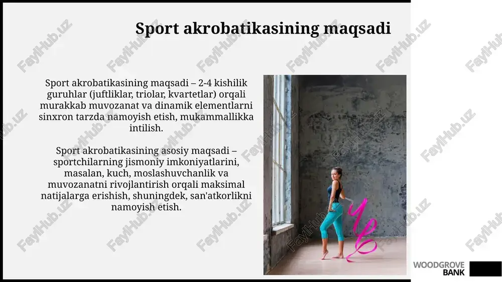 ashgan harakatlari baholanadi. erkaklar guruhining piramida qurishidagi rollari aniq belgilangan: pastki bazalar kuchli va barqaror bo‘lishi, yuqori sportchilar esa moslashuvchanlik va muvozanatni namoyish etishi shart. woodgrove bank akrobatik sakrashlar akrobatik sakrashlar gimnastika, balet va raqs elementlarini birlashtirib, 30 dan ortiq turli xil sakrashlarni o'z ichiga oladi, ularning har biri muayyan texnik talablarga ega. murakkab akrobatik sakrashlar ko'pincha 1,5 yoki undan ortiq burilishni o'z ichiga oladi, bu esa sportchidan yuqori darajadagi muvofiqlashtirish va fazoviy orientatsiyani talab qiladi. woodgrove bank muvozanat elementlari muvozanat elementlari sport akrobatikasida muhim rol o'ynaydi, bunda ikki yoki undan ortiq akrobatlar bir-birini qo'llab-quvvatlab, barqaror shakllar yaratadi, masalan, 'qo'l ustida turish' va 'piramida' kabi statik pozitsiyalar. statik muvozanat elementlari, masalan, uch kishilik piramida, 3 dan 5 soniyagacha ushlab turilishi kerak, bu davrda sportchilarning muvozanatni saqlash mahorati va muskul kuchini namoyish etadi. woodgrove bank dinamik elementlar dinamik elementlar sport akrobatikasida sheriklar oʻrtasidagi harakatni oʻz ichiga oladi, bunda bir sherik ikkinchisini …
