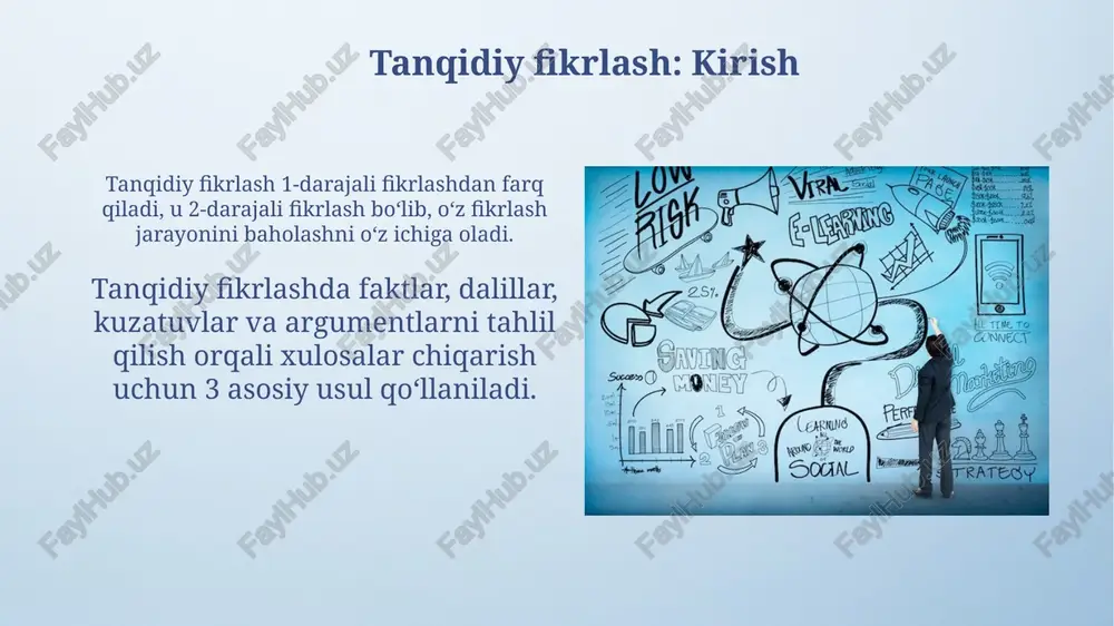 ilishiga bog'liq. ideologiya va qadriyatlarni aniqlash ideologiya tushunchasi 18-asrda paydo bo'lgan bo'lib, ijtimoiy-siyosiy qarashlar tizimini anglatadi. uning vazifasi jamiyat tuzilishini asoslash va shu bilan 2 xil qarashlarni shakllantirish. qadriyatlar shaxs yoki jamiyat uchun muhim bo'lgan e'tiqodlar, tamoyillar va standartlar hisoblanadi. ular 3 turga bo'linadi: axloqiy, madaniy va ijtimoiy qadriyatlar bilan belgilanadi. manbalarni tekshirish va tasdiqlash manbalarning ishonchliligini baholashda, 5ws va h usuli orqali faktlarni tekshirish, ayniqsa, ma'lumotning kelib chiqishi va maqsadini aniqlashda muhim rol o'ynaydi. tasdiqlash uchun, kamida uchta mustaqil manbadan olingan ma'lumotlarni taqqoslash kerak; bu xatoliklar yoki noto'g'ri talqinlarni aniqlashga yordam beradi va ishonchni oshiradi. mantiqiy xatolarni aniqlash "mantiqiy xatolarni aniqlash" bahslarda dalillarning zaifligini ko'rsatish uchun zarur. masalan, "ad hominem" xatosi shaxsga hujum qilib, argumentga emas, 2 ta muhim nuqta. mantiqiy xatolar, jumladan "soxta dilemma", bizga faqat 2 ta variantni taqdim etadi, holbuki aslida undan ko'p bo'lishi mumkin. bu fikrlashda 3 ta asosiy buzilishga olib keladi. xulosa chiqarish va …