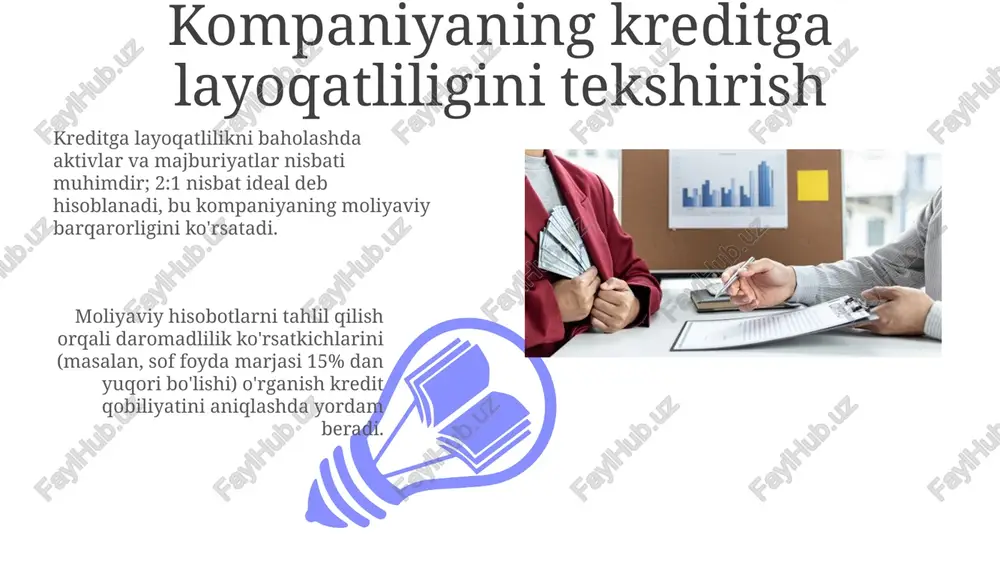 rivojlanishni prognozlash muhim. bozordagi raqobatbardoshlik darajasini, asosiy o'yinchilarning bozor ulushini, porterning 5 ta kuch modeli kabi vositalardan foydalanib, yetkazib beruvchilar va xaridorlarning ta'sirini tahlil qilish kompaniyaning barqarorligini ko'rsatadi. boshqaruv va egalik tahlili kompaniyaning boshqaruv tuzilmasini baholash, mas'uliyat taqsimoti va qaror qabul qilish jarayonlarini tushunish uchun muhim, shuningdek, 5 yillik boshqaruv tajribasiga ega bo'lgan kadrlarga e'tibor qaratish kerak. egalik tahlili kompaniyaning asosiy aktsiyadorlari va ularning ulushlarini aniqlashni o'z ichiga oladi, bu esa kompaniyaning uzoq muddatli strategiyasiga ta'sir ko'rsatishi mumkin hamda kamida 20% aktsiyaga egalik qiluvchilarni tekshirish lozim. kredit reytinglari va baholash 01 02 kredit reytingi agentliklari, masalan, standard & poor's va moody's, qarz majburiyatlari xavfini baholab, aaa dan d gacha bo'lgan shkala bo'yicha reytinglar beradi. sales 1st qtr 2nd qtr 100 0 sales 1st qtr 2nd qtr 100 0 e'tiboringiz uchun rahmat image5.jpg image6.jpg image7.jpg image8.jpg image9.jpg image10.jpg image11.jpg image12.jpg image13.jpg image14.jpg image15.jpg image16.jpg image1.jpeg image2.jpeg image3.jpeg