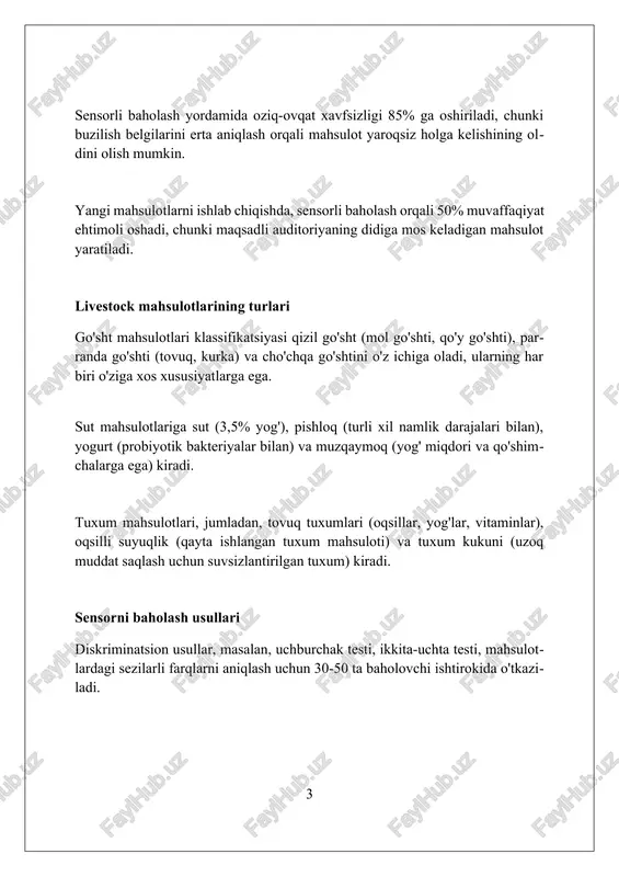 lash vazifasi qo'yiladi. tajribali degustatorlar ta'mni baholashda muhim rol o'ynaydi, ular 5 asosiy ta'm (shirin, nordon, sho'r, achchiq, umami) va hidni aniqlay oladilar, natijada ishonchli baho beriladi. texturani baholash teksturani baholashda 5 ballik shkala keng qo'llaniladi, bu yerda 1 - juda yomon, 5 - a'lo darajada bo'ladi, baholovchilar mahsulotning qattiqligi, elastikligi va yopishqoqligini baholaydi. prosesslangan go'sht mahsulotlarida tekstura kamida uch xil usulda o'lchanadi: instrumental (masalan, tekstura analizatori bilan), sensorli va vizual baholash orqali aniqlanadi. teksturaning muhim ko'rsatkichlari orasida suvni ushlab turish qobiliyati (suq) va yog'ni ushlab turish qobiliyati (yuqu) mavjud; yuqori suq mahsulotning shiradorligini, yuqori yuqu esa mazasini yaxshilaydi. umumiy qabul qilishni baholash umumiy qabul qilishni baholash, ko'pincha 9 balli hedonik shkala orqali amalga oshiriladi, mahsulotning umumiy yoqimliligini aniqlash uchun sensorli xususiyatlarni jamlaydi. iste'molchilarning umumiy qabul qilish bahosi, masalan, go'sht mahsulotida, rang, hid, ta'm va tuzilish kabi atributlarning birlashgan ta'sirini aks ettiradi. qabul qilishni baholashda, demografik ma'lumotlar (yoshi, jinsi) va …