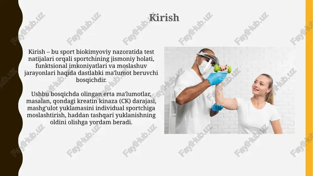yosida bajarilishini ta'minlaydi. doping nazorati doirasida sportchilarning siydik va qon namunalari olinadi, bu namunalar wada akkreditatsiyasidan o'tgan laboratoriyalarda taqiqlangan moddalar yoki usullarning mavjudligi uchun tahlil qilinadi. xulosa xulosa shuni ko'rsatadiki, sport biokimyoviy nazorati sportchilarning funktsional holatini baholashda va mashg'ulotlarni rejalashtirishda muhim rol o'ynaydi, ayniqsa intensivlikni 80-90% ga optimallashtirishda. sport biokimyoviy nazoratining asosiy maqsadi – sportchining metabolik moslashuvini aniqlash orqali mashg'ulot jarayonini individualizatsiya qilish, shu bilan chidamlilikni 10-15% ga oshirishga yordam beradi. e'tiboringiz uchun rahmat image1.png image2.jpg image3.jpg image4.jpg image5.jpg image6.jpg image7.jpg image8.jpg image9.jpg image10.jpg image11.jpg