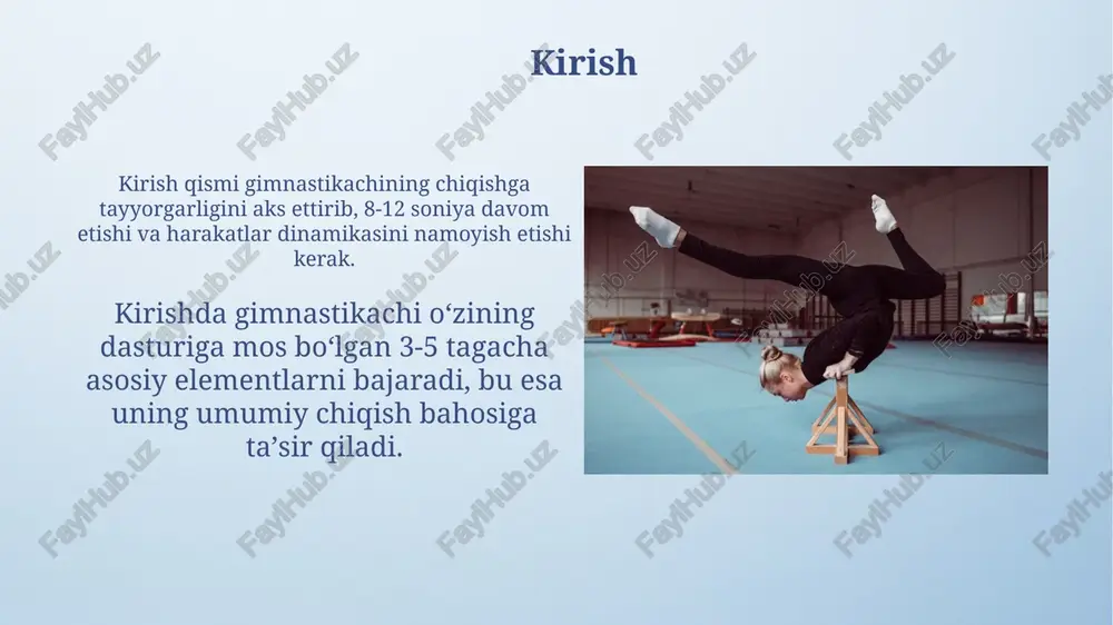 atni saqlash uchun 4 dyuym kengligidagi va 16 fut uzunlikdagi moslamadan foydalanadilar, bunda sakrash, burilish va raqs harakatlari kombinatsiyasi namoyish etiladi. ayollar tayanch sakrash musobaqasida stol ustidan sakrashadi, uning balandligi taxminan 125 santimetr bo'lib, unda gimnastikachi tezlik va kuchdan foydalanib, murakkab sakrashlarni bajaradi. koʻpkurash (ayollar) ayollar koʻpkurashida gimnastikachilar toʻrtta turli xil apparatda: tayanch sakrashi, notekis bruslar, muvozanat ushlagich va erkin mashqlarda bellashadilar. koʻpkurashda gimnastikachining umumiy balli toʻrtta apparatdagi ballarini qoʻshish orqali aniqlanadi, eng yuqori ball esa gʻolib deb topiladi. akrobatik elementlar akrobatik elementlar gimnastikachining tanasini boshqarish qobiliyatini namoyish etadi, masalan, dumalashlar, qo'llarda turish va salto, ularning qiyinligi 1.0 dan 10.0 gacha baholanadi. tayanib sakrash akrobatik element hisoblanadi, unda gimnastikachi sakrash uchun tayanchdan foydalanadi va 360 gradusga yoki undan ko'pga burilishlar bajarishi mumkin. balet elementlari balet elementlari gimnastikachilarga pozitsiyalar, masalan, 180 graduslik oyoq ochilishi va to'g'ri chiziqlarni mukammallashtirishga yordam beradi, bu esa xarakatlar aniqligini oshiradi. epaulement texnikasi, baletdagi asosiy elementlardan biri, …