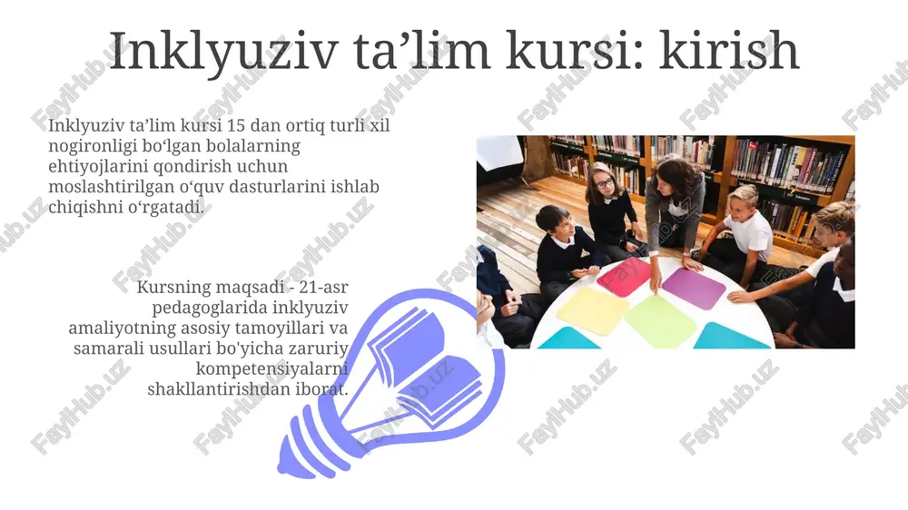 ziv taʼlim jarayonini tashkil etish inklyuziv taʼlimda individual taʼlim rejalari (itr) muhim. har bir o'quvchining 5 ta asosiy ehtiyojini aniqlab, ularga moslashtirilgan o'quv dasturlari ishlab chiqiladi. maktabgacha ta'limda inklyuziv muhit yaratish uchun 3 ta asosiy komponent mavjud: fiziki, ijtimoiy va pedagogik muhitning moslashuvi, 2 ta maqsad bilan. kutilayotgan natijalar va kompetensiyalar 01 02 inklyuziv taʼlim kursida oʻqitish natijasida talabalar 1.1 va 1.2 standartlarga mos ravishda, taʼlimda teng imkoniyatlarni taʼminlash kompetensiyasiga ega boʻladilar. sales 1st qtr 2nd qtr 100 0 sales 1st qtr 2nd qtr 100 0 kursning tuzilishi va mazmuni kurs tuzilishi 3 ta asosiy modulni o'z ichiga oladi: nazariy asoslar, inklyuziv ta'lim metodologiyasi va amaliy ko'nikmalar, har biri muayyan mavzularni qamrab oladi. kurs mazmuni o'quv materiallari, interaktiv mashg'ulotlar, keyslarni tahlil qilish va inklyuziv ta'limning 5 asosiy tamoyiliga asoslangan amaliyotni qamrab oladi. e'tiboringiz uchun rahmat image5.jpg image6.jpg image7.jpg image8.jpg image9.jpg image10.jpg image11.jpg image12.jpg image13.jpg image14.jpg image15.jpg image16.jpg image17.jpg image1.jpeg image2.jpeg …