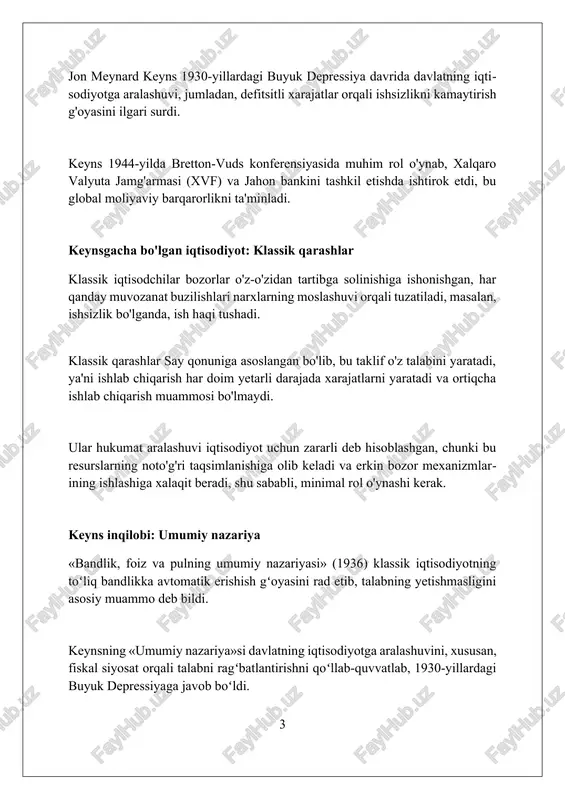 jasi kabi vositalar ishlatilib, yalpi talabga ta'sir etadi va ish bilan ta'minlash darajasini 5%ga o'zgartiradi. keyneschilikda davlat byudjeti defitsiti retsessiya davrida samarali bo'lib, iqtisodiyotga 10 milliard so'mlik qo'shimcha investitsiya kiritish orqali ishsizlikni kamaytiradi. fiskal stimullar, masalan, infratuzilmaga 25% investitsiya qilish, multiplikator effektini yaratadi va bu esa iste'mol xarajatlarining o'sishiga olib keladi. pul-kredit siyosati va keyns keyns pul-kredit siyosatini foiz stavkalarini manipulyatsiya qilish orqali investitsiyalarni rag'batlantirish vositasi sifatida ko'rdi, bu esa agregat talabni oshirishga yordam beradi. keynsning fikricha, 0 foizli stavka bo'lishi mumkin, bunda odamlar pulni saqlashni afzal ko'rishadi, bu pul-kredit siyosatining samaradorligini cheklaydi. depressiya sharoitida pul massasini oshirishning foydasi kam bo'lishi mumkin, chunki investitsiyalar noaniqlik tufayli sezilarli darajada o'smaydi, bu «likvidlik tuzog'i» deb ataladi. ishsizlik muammosi va keyns yechimlari keyns ishsizlikni agregat talab yetishmasligi natijasi deb hisoblaydi, bu esa firmalarni ishlab chiqarishni qisqartirishga va ishchilarni ishdan bo'shatishga majbur qiladi. keynsning yechimi hukumatning xarajatlarni ko'paytirishidir (masalan, 1930-yillardagi new deal dasturi), bu …