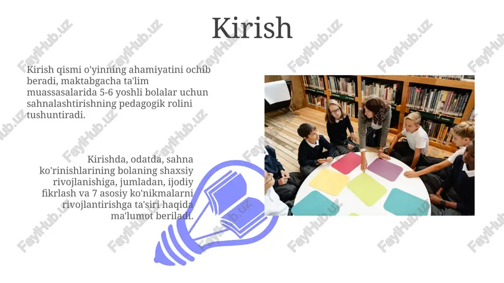 iziqishlari va qobiliyatlari hisobga olinishi kerak, masalan, 2-3 ta rol bo'yicha mashqlar bolaning o'ziga ishonchini oshiradi. mashq jarayonida nutq o'stirish mashqlari, mimika va harakatlar bilan ifodalash kabi elementlar qo'shiladi, bunda 4-5 daqiqalik mashqlar yetarli bo'ladi. ijodiy muhit yaratish ijodiy muhitda ranglar palitrasi, 5 ta asosiy material (qog'oz, bo'yoq, plastilin), 3 xil o'lchamdagi mo'yqalamlar orqali bolalar o'z hissiyotlarini erkin ifodalashadi. muhitda 7 ta elementdan iborat tematik burchaklar (ertaklar, tabiat, o'yin) bo'lib, bolalar 10 daqiqa davomida rolli o'yinlar, hikoyalar yaratish orqali ijodiy fikrlashadi. ota-onalar bilan hamkorlik 01 02 ota-onalar bilan hamkorlik erta rivojlanish dasturlarini muvaffaqiyatli amalga oshirishning muhim omili bo'lib, bolaning 3 yoshdan 6 yoshgacha bo'lgan davrda ta'lim sifatini oshiradi. sales 1st qtr 2nd qtr 100 0 sales 1st qtr 2nd qtr 100 0 sahnalashtirish faoliyatini baholash sahnalashtirish faoliyatini baholash bolalarning ijodiy qobiliyatini, nutq rivojlanishini va ijtimoiy ko'nikmalarini 5 ballik shkala bo'yicha aniqlashga yordam beradi. baholash jarayonida bolalarning rollarni qanday ijro etayotgani, …
