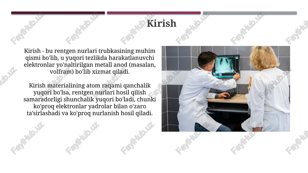 hlatiladi, chunki elektronlar nurlari kinetik energiyasining 99% dan ortig'i issiqlikka aylanadi. aylanadigan anodli rentgen apparatlarida sovutish tizimi odatda aylanuvchi anodni sovutish uchun maxsus moy yoki suv asosidagi sovutish suyi bilan ishlaydi va bu anodning ishlash muddatini uzaytiradi. bremstrahlung nurlanishi bremsstrahlung nurlanishi tezlashayotgan zaryadlangan zarrachalar, odatda elektronlar atom yadrolari yaqinidan o'tganda hosil bo'ladi, bu ularning traektoriyasini egallashiga va fotonlar chiqarishiga olib keladi. nurlanish energiyasi kelayotgan elektronning kinetik energiyasiga hamda atom yadrosi bilan o'zaro ta'sirdagi og'ish burchagiga bog'liq bo'lib, 0 dan elektronning umumiy energiyasigacha bo'lgan uzluksiz spektrni hosil qiladi. xarakterli nurlanish xarakterli nurlanish atom ichki qavatlaridagi elektronlar o'rnini to'ldirganda hosil bo'ladi, bunda elektronlar yuqori energiya darajasidan pastroq darajaga o'tadi va 1 dan 100 kev gacha foton chiqaradi. ma'lum bir element uchun xarakterli rentgen nurlari o'ziga xos energiyaga ega. masalan, mis (cu) kα nurlanishi taxminan 8.04 kev energiyaga ega, bu esa uni aniqlash uchun imkon beradi. rentgen nurlari spektrining nazorati rentgen trubkasidagi kuchlanish …
