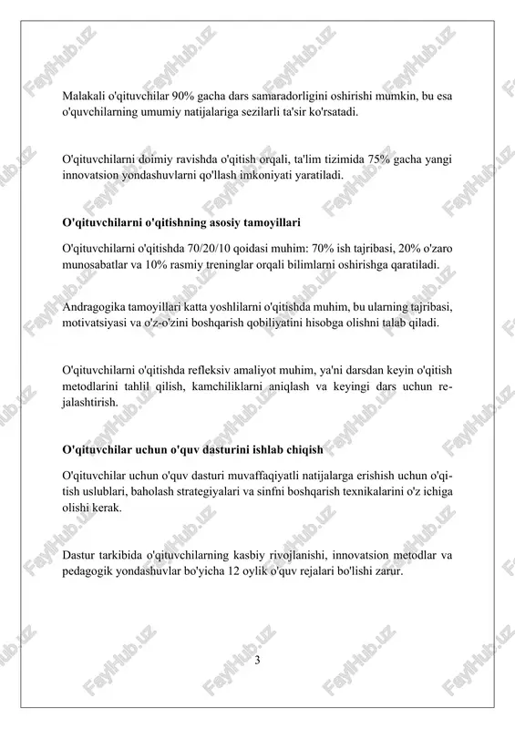 rni qo'llab-quvvatlash uchun yiliga kamida 40 soat vaqt ajratishlari kerak, bu esa o'qituvchilarning ishdan mamnunligini 20% oshirishi mumkin. professional rivojlanish imkoniyatlari mutaxassislar uchun 2 yillik mentorlik dasturlari, tajribali o'qituvchilar bilan hamkorlikda 50 soatlik amaliy darslar o'tash va metodikalarni o'rganish imkonini beradi. o'qituvchilar har yili 30 soatlik onlayn kurslardan foydalanishi mumkin, bu kurslar 10 ta yangi o'qitish strategiyalari bilan tanishtirib, malaka oshirishga yordam beradi. universitetlar 3-4 yillik uzluksiz kasbiy rivojlanish dasturlarini taklif etadi, bu dasturlar o'qituvchilarga magistratura darajasini olish yoki phd dissertatsiyasini himoya qilish imkonini beradi. o'qitishdagi muammolar va ularni hal qilish yo'llari o'qituvchilarning yetarli malakaga ega emasligi, 21-asr ko'nikmalarini singdirishda qiyinchilik tug'diradi, natijada o'quv jarayoni sustlashadi. darsliklar va o'quv materiallarining eskirganligi, zamonaviy tendentsiyalarga mos kelmasligi, o'quvchilarning fanga bo'lgan qiziqishini susaytiradi. o'quvchilarning motivatsiyasi pastligi, individual yondashuvning yetishmasligi, ta'lim sifatiga salbiy ta'sir ko'rsatadi, sababi 30% o'quvchilar o'zlashtirmaydi. inkluziv ta'lim inkluziv taʼlim nogironligi boʻlgan 13% oʻquvchilarning umumiy taʼlim muhitiga integratsiyasini taʼminlaydi, ularga teng …