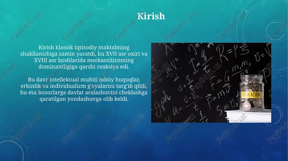 onuni bozorning haddan tashqari ishlab chiqarish holatiga uzoq muddat davom etishiga yo'l qo'ymaydi, chunki taklif o'z-o'zidan 100% talabni shakllantiradi va muvozanatni ta'minlaydi. taklif o'z talabini yaratadi "taklif o'z talabini yaratadi" - bu sey qonunidir, unda ishlab chiqarish talabni avtomatik ravishda yaratadi, ya'ni 100 dona mahsulot ishlab chiqarish shuncha talabni keltirib chiqaradi. sey qonunida inflyatsiya 0% bo'lganda, ortiqcha ishlab chiqarish bo'lmaydi. chunki, har bir ishlab chiqarilgan mahsulot ish haqi, renta va foyda sifatida daromad yaratadi. klassik maktabning asosiy tamoyillari klassik maktabning asosiy tamoyillaridan biri erkin bozor tamoyilidir, bunda hukumat aralashuvi minimal bo'lib, narxlar talab va taklif orqali shakllanadi. mehnat taqsimoti va ixtisoslashuv klassik maktabda samaradorlikni oshirishning asosiy omili sifatida ko'riladi, bu esa ishlab chiqarish hajmini sezilarli darajada oshiradi. davlatning roli va erkin tadbirkorlik klassiklar davlatning rolini minimal deb hisoblab, faqat 'kechikuvchi posbon' vazifasini yuklashni, mulk huquqini himoya qilish va shartnomalarni ta'minlashni lozim ko'rishgan. adam smit erkin tadbirkorlikni 'ko'rinmas qo'l' orqali resurslarni …